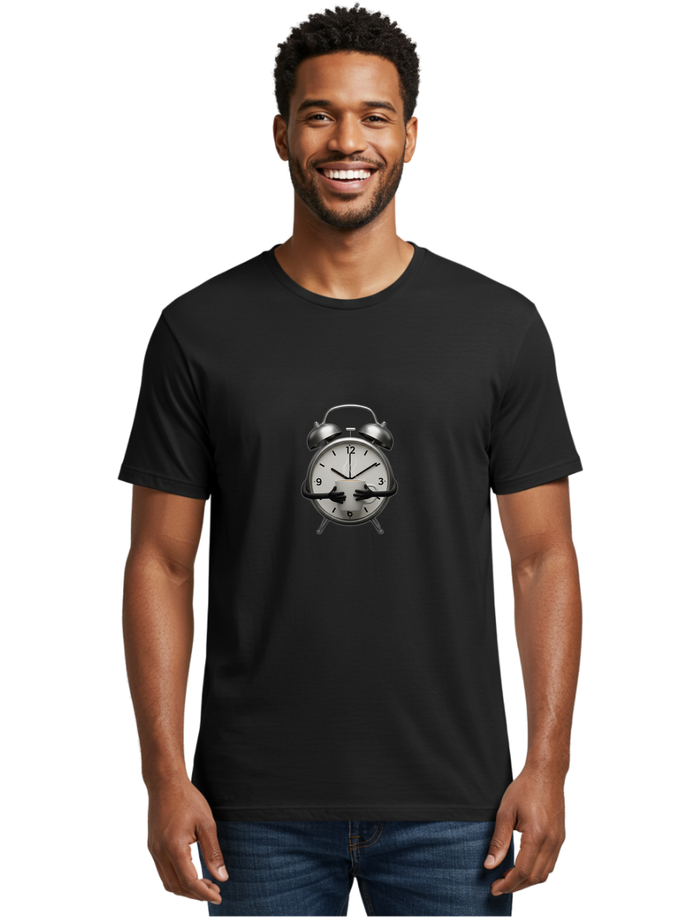 Alarm-Clock Men'S Graphic Tee, 100% Cotton, Comfortable Casual Summer Wear, Machine Washable, Alarm Clock With Hands At 11:30, Retro Style, Classic Design, Simple Analog Clock, Time Keeping, Morning Wake-Up, Black And White Clock Face, Bab618 18