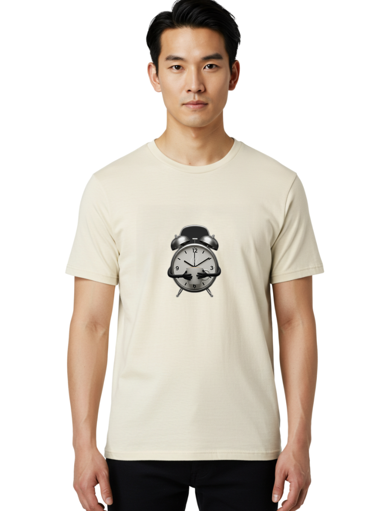 Alarm-Clock Men'S Graphic Tee, 100% Cotton, Comfortable Casual Summer Wear, Machine Washable, Alarm Clock With Hands At 11:30, Retro Style, Classic Design, Simple Analog Clock, Time Keeping, Morning Wake-Up, Black And White Clock Face, Bab618 27