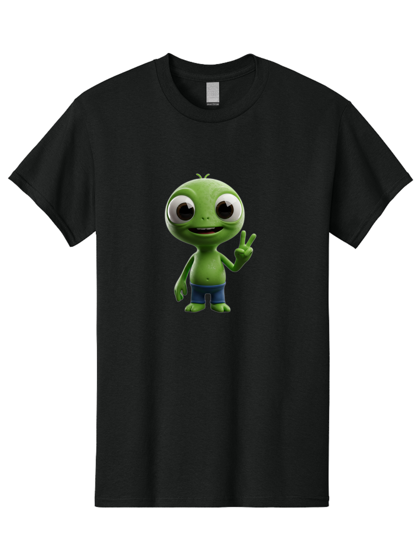 Alien-Cartoon-Character Men'S Graphic Tee, 100% Cotton, Comfortable Casual Summer Wear, Machine Washable, Alien Cartoon, Green Creature, Large Eyes, Peace Sign, Blue Shorts, Cute Character, Cartoon Style, Funny Alien, Cartoon Character Design, Bab622 6
