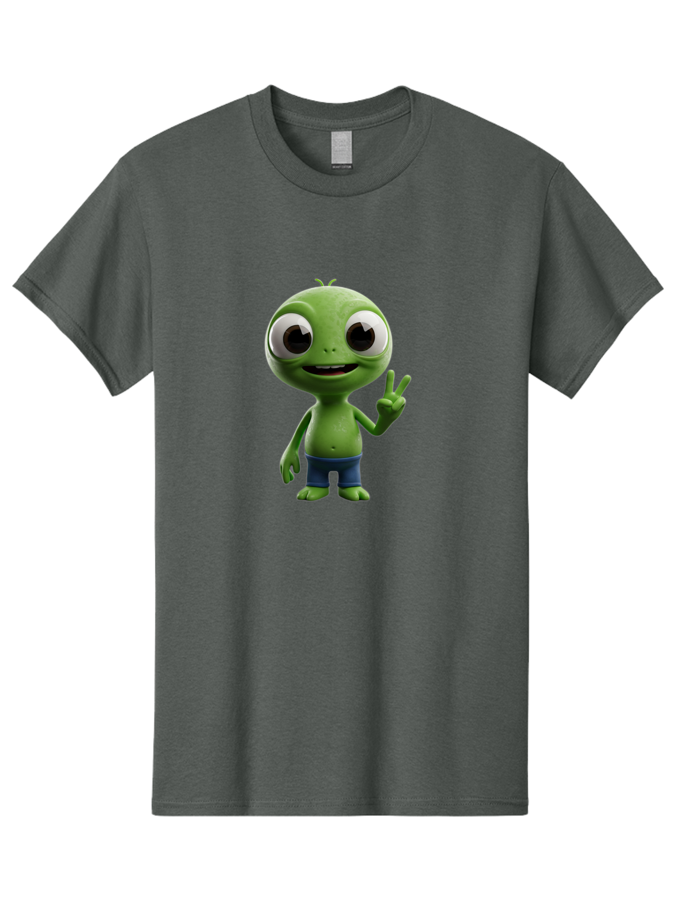 Alien-Cartoon-Character Men'S Graphic Tee, 100% Cotton, Comfortable Casual Summer Wear, Machine Washable, Alien Cartoon, Green Creature, Large Eyes, Peace Sign, Blue Shorts, Cute Character, Cartoon Style, Funny Alien, Cartoon Character Design, Bab622 10