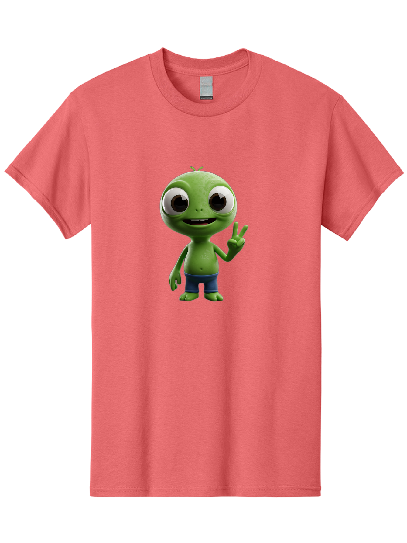 Alien-Cartoon-Character Men'S Graphic Tee, 100% Cotton, Comfortable Casual Summer Wear, Machine Washable, Alien Cartoon, Green Creature, Large Eyes, Peace Sign, Blue Shorts, Cute Character, Cartoon Style, Funny Alien, Cartoon Character Design, Bab622 4
