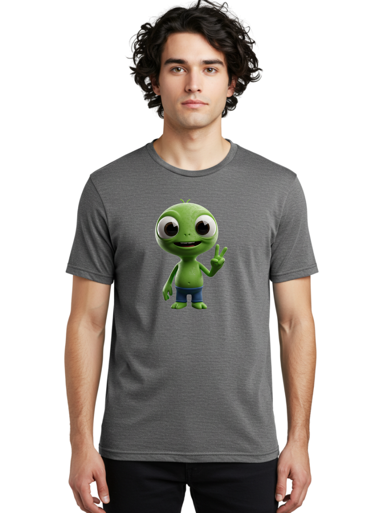 Alien-Cartoon-Character Men'S Graphic Tee, 100% Cotton, Comfortable Casual Summer Wear, Machine Washable, Alien Cartoon, Green Creature, Large Eyes, Peace Sign, Blue Shorts, Cute Character, Cartoon Style, Funny Alien, Cartoon Character Design, Bab622 17