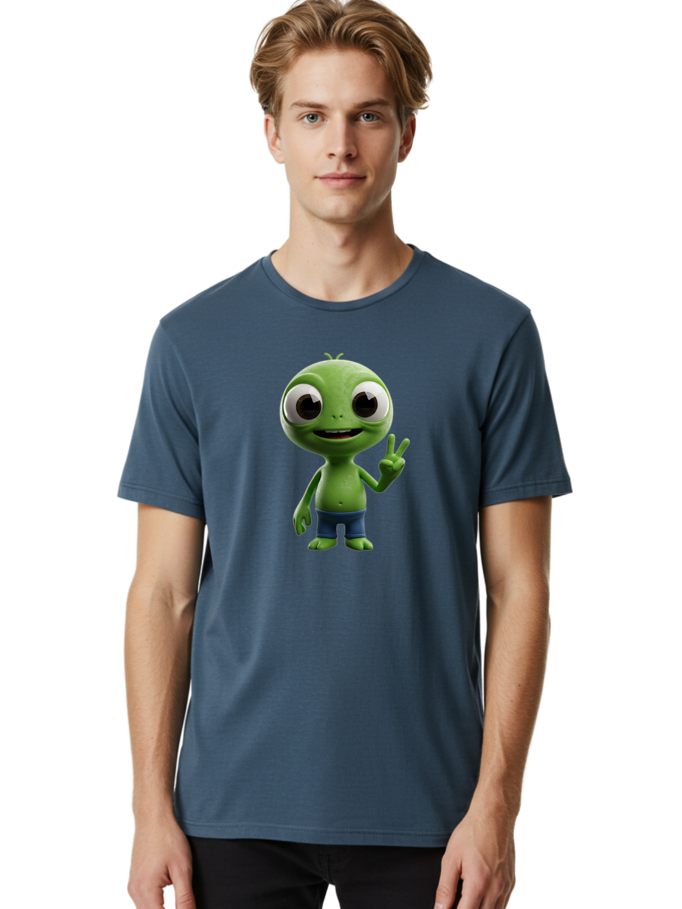 Alien-Cartoon-Character Men'S Graphic Tee, 100% Cotton, Comfortable Casual Summer Wear, Machine Washable, Alien Cartoon, Green Creature, Large Eyes, Peace Sign, Blue Shorts, Cute Character, Cartoon Style, Funny Alien, Cartoon Character Design, Bab622 23