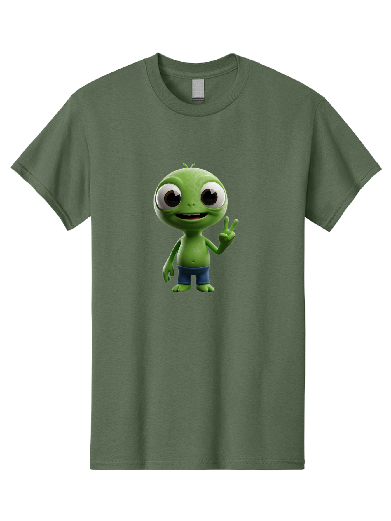 Alien-Cartoon-Character Men'S Graphic Tee, 100% Cotton, Comfortable Casual Summer Wear, Machine Washable, Alien Cartoon, Green Creature, Large Eyes, Peace Sign, Blue Shorts, Cute Character, Cartoon Style, Funny Alien, Cartoon Character Design, Bab622 15