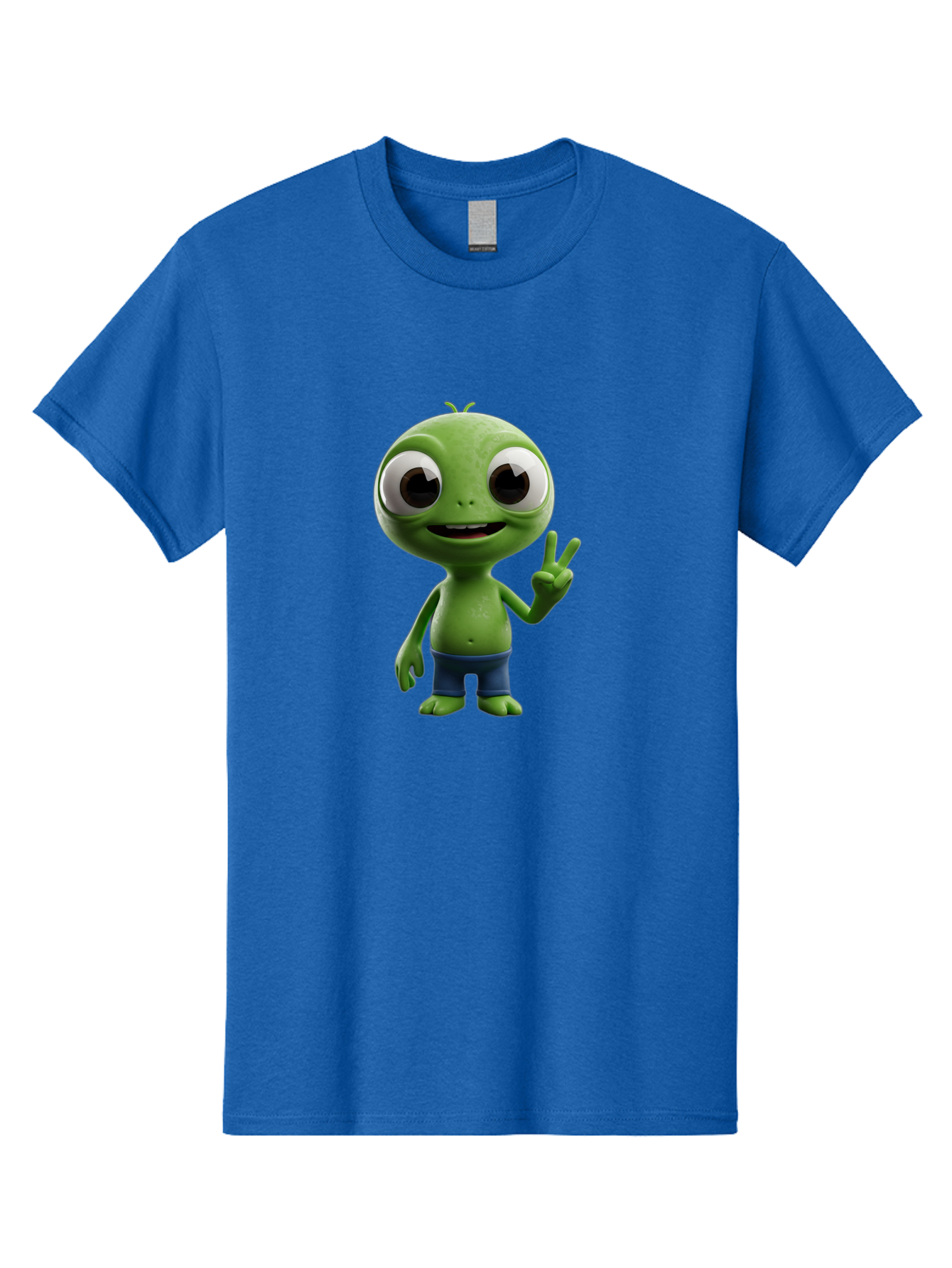 Alien-Cartoon-Character Men'S Graphic Tee, 100% Cotton, Comfortable Casual Summer Wear, Machine Washable, Alien Cartoon, Green Creature, Large Eyes, Peace Sign, Blue Shorts, Cute Character, Cartoon Style, Funny Alien, Cartoon Character Design, Bab622 14