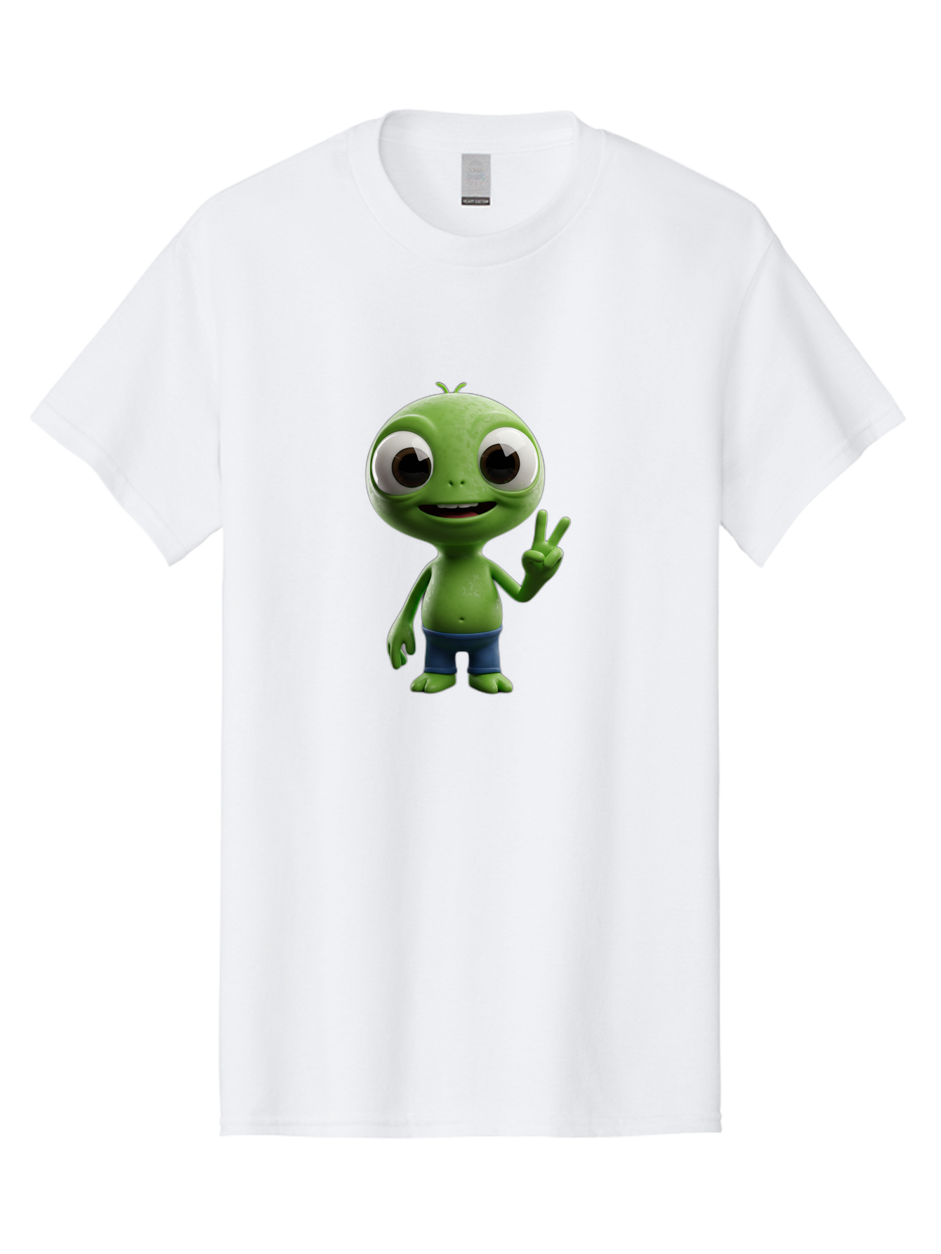 Alien-Cartoon-Character Men'S Graphic Tee, 100% Cotton, Comfortable Casual Summer Wear, Machine Washable, Alien Cartoon, Green Creature, Large Eyes, Peace Sign, Blue Shorts, Cute Character, Cartoon Style, Funny Alien, Cartoon Character Design, Bab622 5