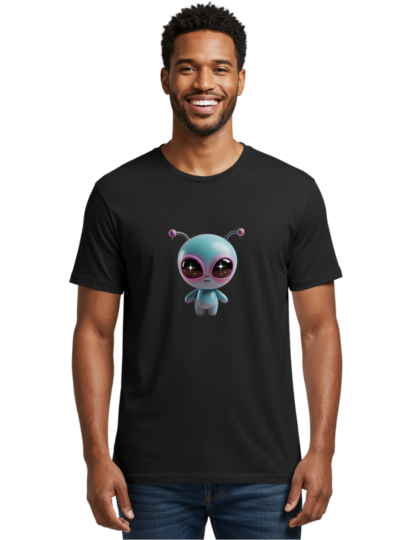 Alien-Character Men'S Graphic Tee, 100% Cotton, Comfortable Casual Summer Wear, Machine Washable, Cartoon Alien, Pastel Colors, Cute Design, Big Eyes, Smiling Face, Antennae, 3D Illustration, Quirky Character, Futuristic Being, Playful Vibe, Bab623 27