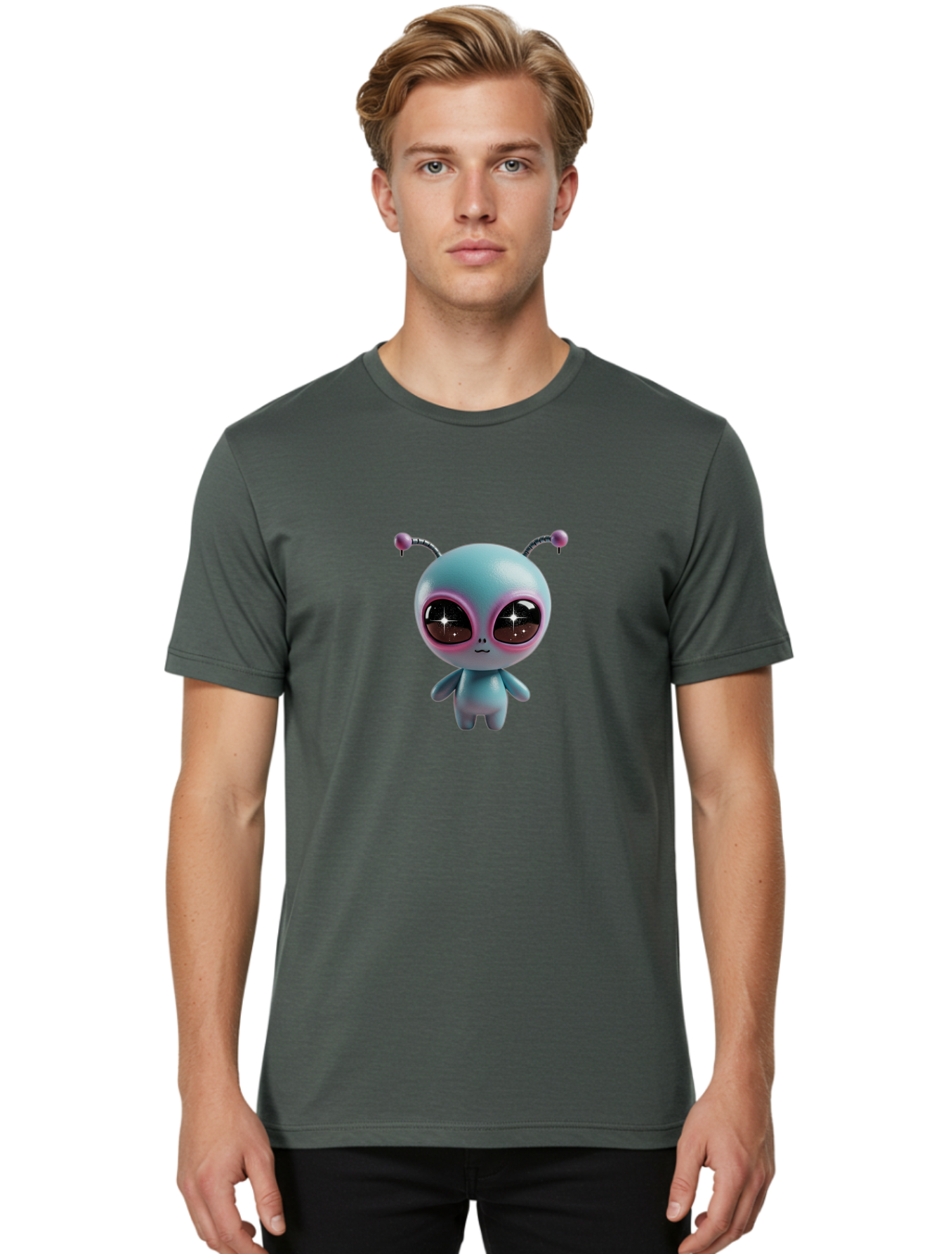 Alien-Character Men'S Graphic Tee, 100% Cotton, Comfortable Casual Summer Wear, Machine Washable, Cartoon Alien, Pastel Colors, Cute Design, Big Eyes, Smiling Face, Antennae, 3D Illustration, Quirky Character, Futuristic Being, Playful Vibe, Bab623 16