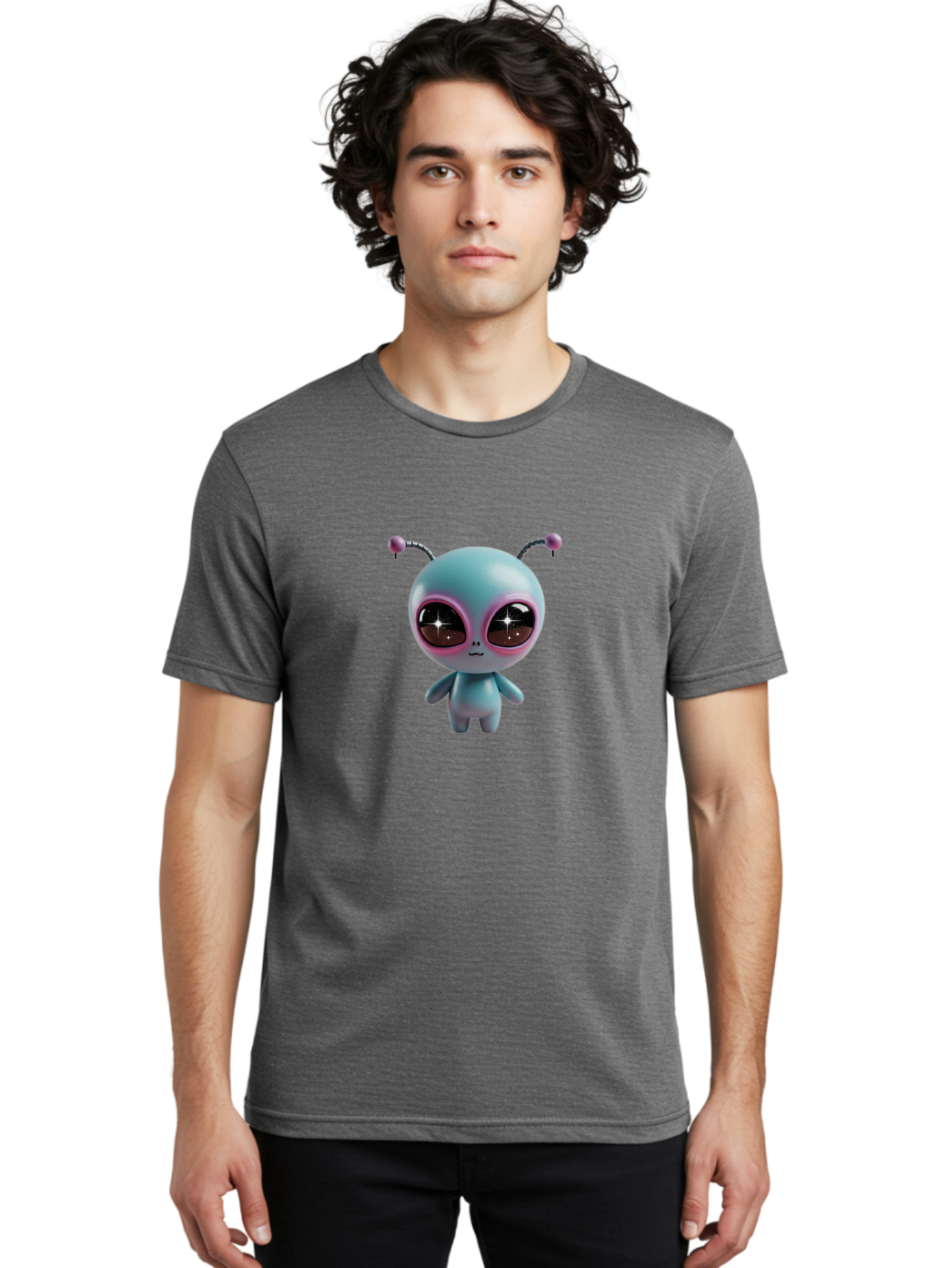 Alien-Character Men'S Graphic Tee, 100% Cotton, Comfortable Casual Summer Wear, Machine Washable, Cartoon Alien, Pastel Colors, Cute Design, Big Eyes, Smiling Face, Antennae, 3D Illustration, Quirky Character, Futuristic Being, Playful Vibe, Bab623 29