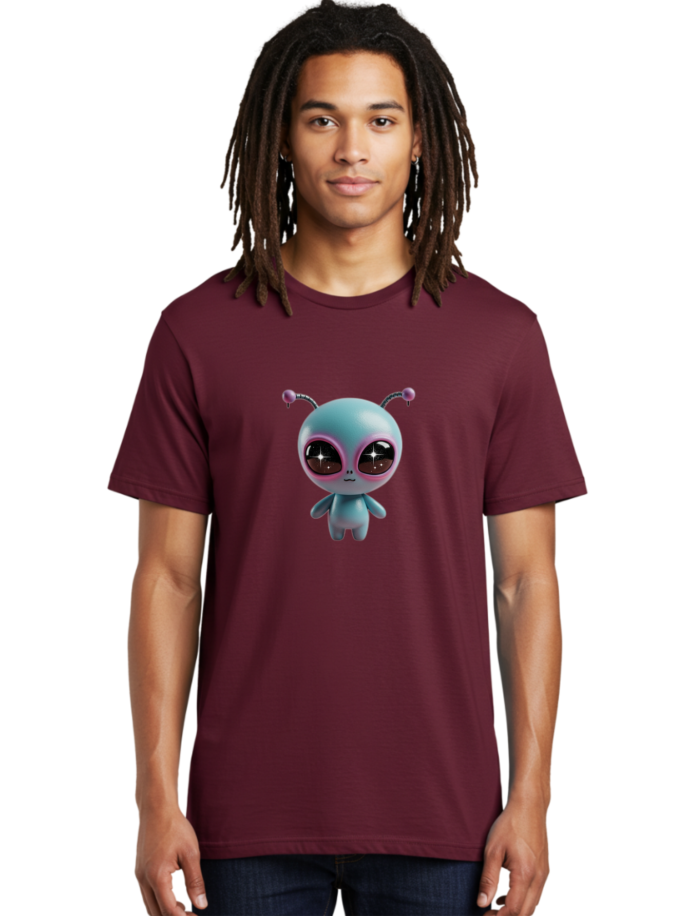 Alien-Character Men'S Graphic Tee, 100% Cotton, Comfortable Casual Summer Wear, Machine Washable, Cartoon Alien, Pastel Colors, Cute Design, Big Eyes, Smiling Face, Antennae, 3D Illustration, Quirky Character, Futuristic Being, Playful Vibe, Bab623 22