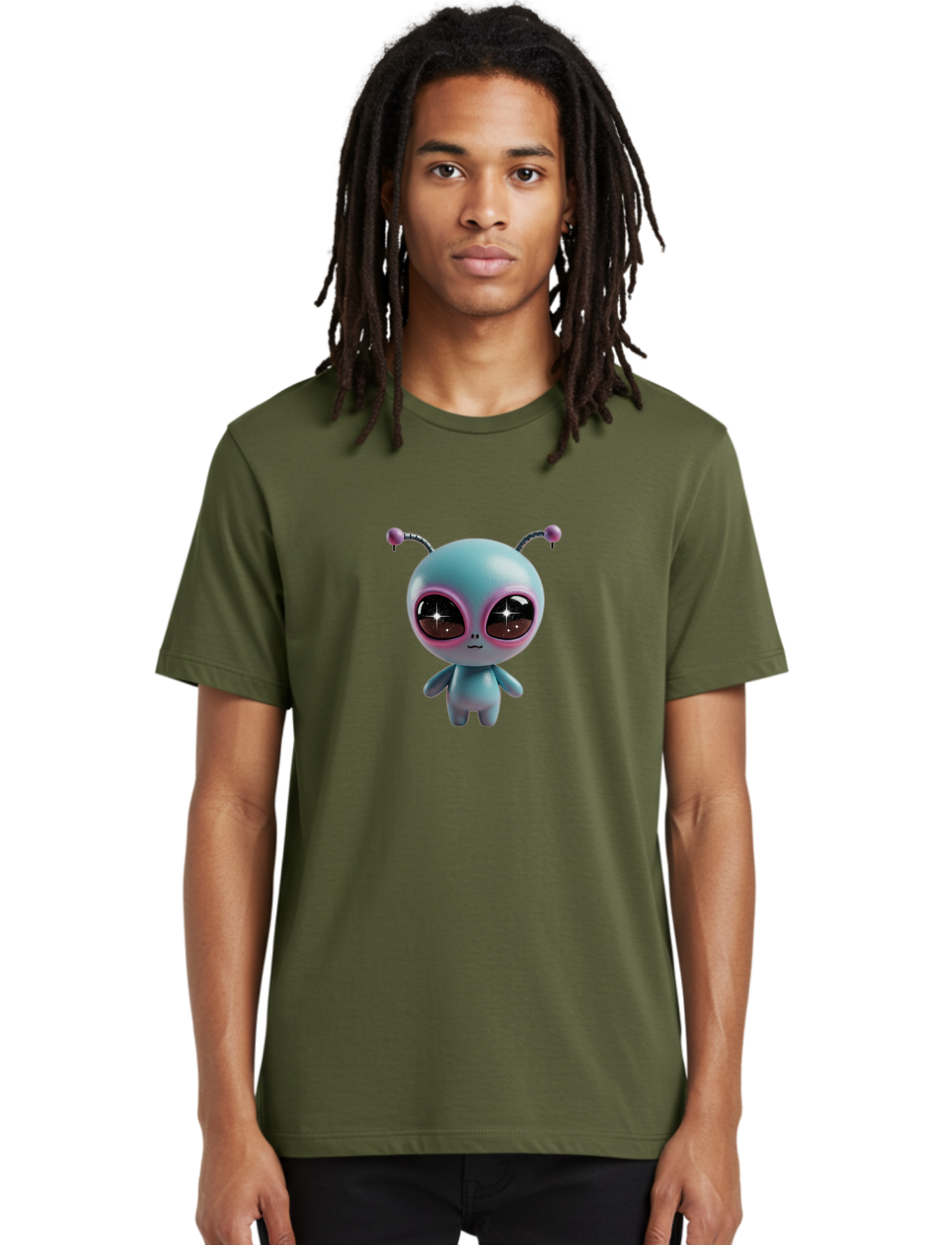 Alien-Character Men'S Graphic Tee, 100% Cotton, Comfortable Casual Summer Wear, Machine Washable, Cartoon Alien, Pastel Colors, Cute Design, Big Eyes, Smiling Face, Antennae, 3D Illustration, Quirky Character, Futuristic Being, Playful Vibe, Bab623 21