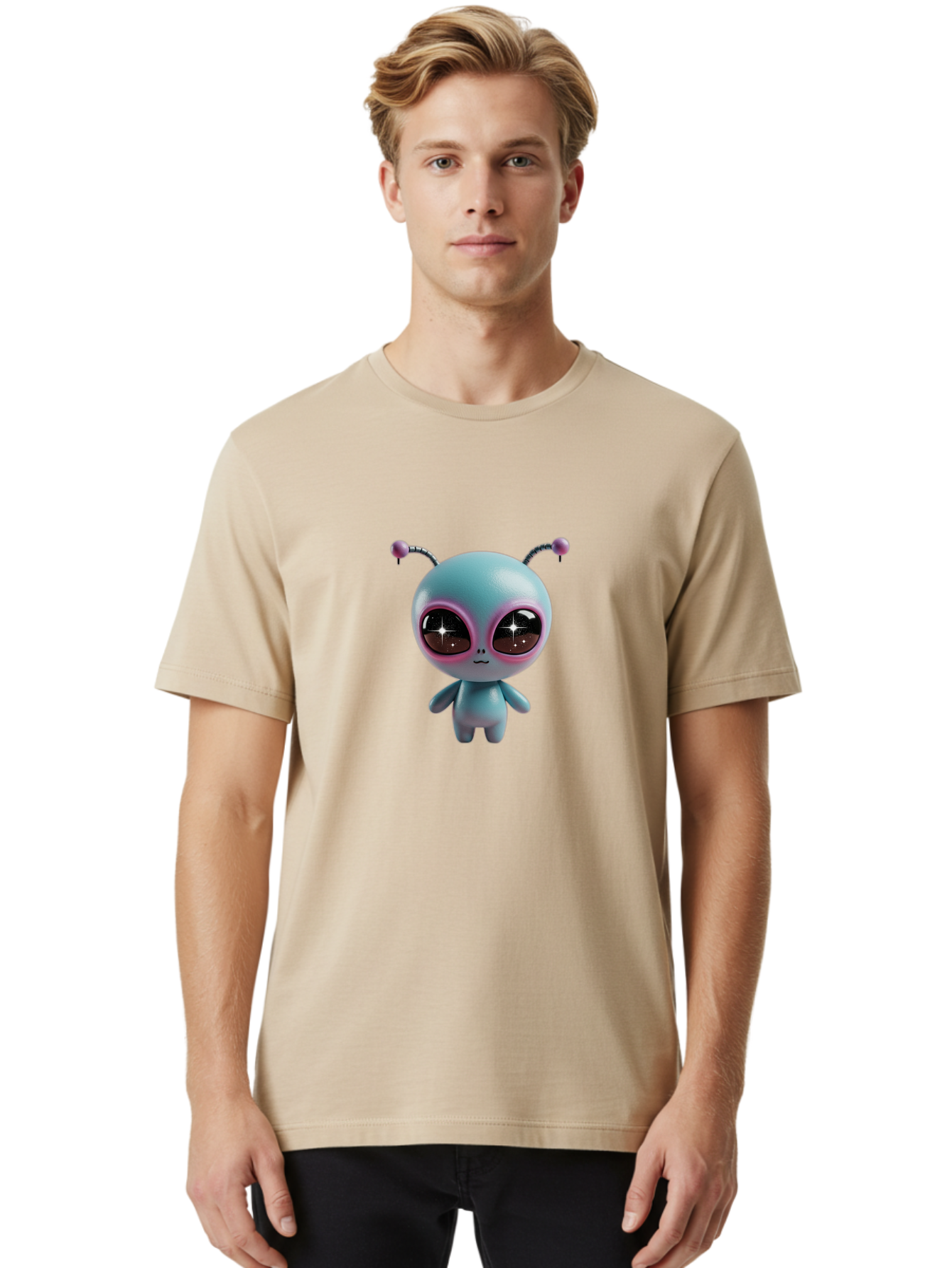 Alien-Character Men'S Graphic Tee, 100% Cotton, Comfortable Casual Summer Wear, Machine Washable, Cartoon Alien, Pastel Colors, Cute Design, Big Eyes, Smiling Face, Antennae, 3D Illustration, Quirky Character, Futuristic Being, Playful Vibe, Bab623 25