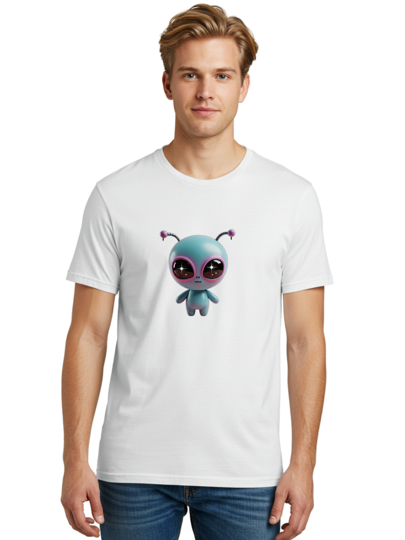 Alien-Character Men'S Graphic Tee, 100% Cotton, Comfortable Casual Summer Wear, Machine Washable, Cartoon Alien, Pastel Colors, Cute Design, Big Eyes, Smiling Face, Antennae, 3D Illustration, Quirky Character, Futuristic Being, Playful Vibe, Bab623 28