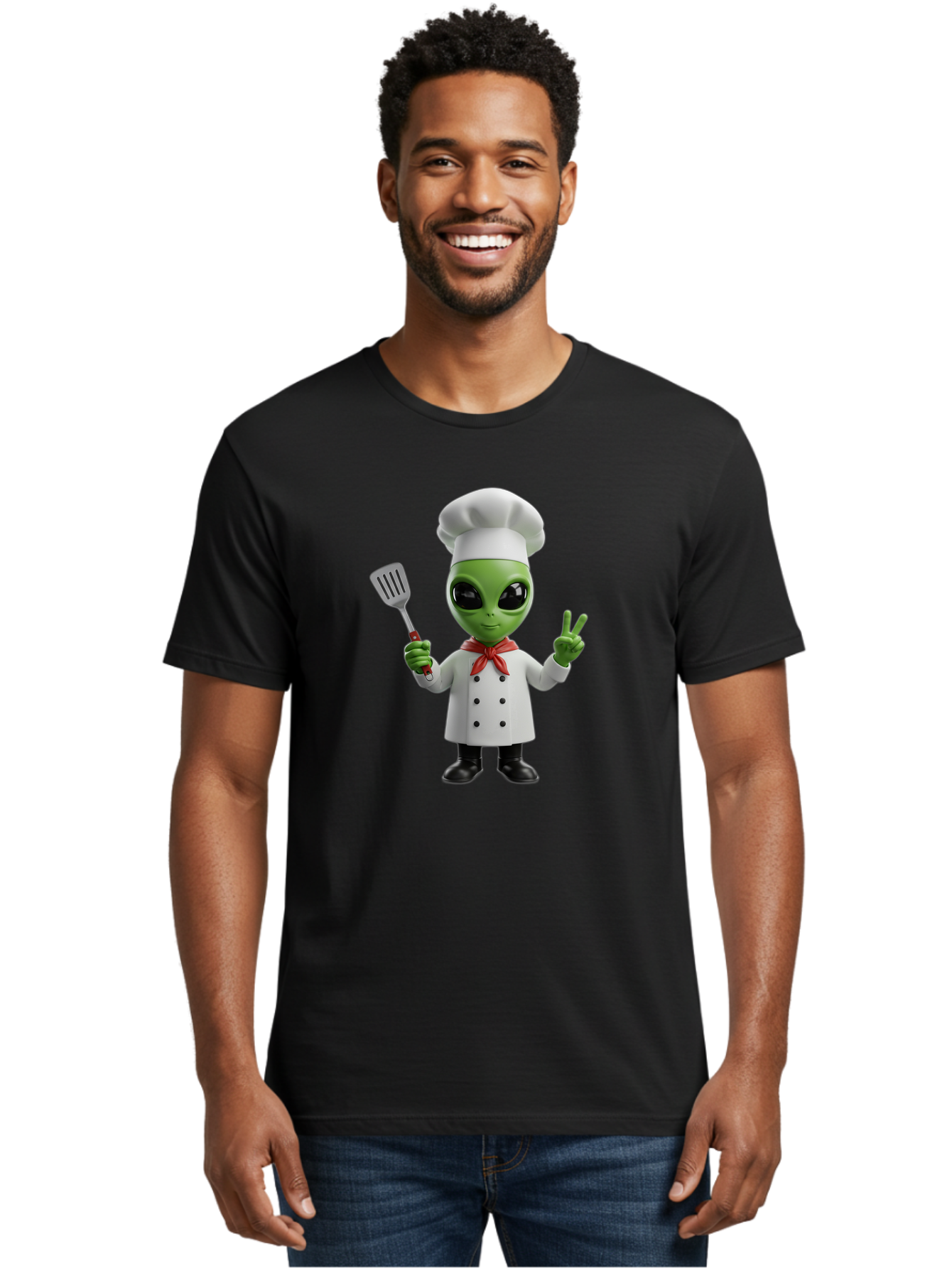 Alien-Chef Men'S Graphic Tee, 100% Cotton, Comfortable Casual Summer Wear, Machine Washable, Alien Chef, Green Alien, White Chef Coat, Red Neckerchief, Peace Sign, Spatula, 3D Cartoon Character, Funny Alien, Cooking, Kitchen Humor, Bab624 26