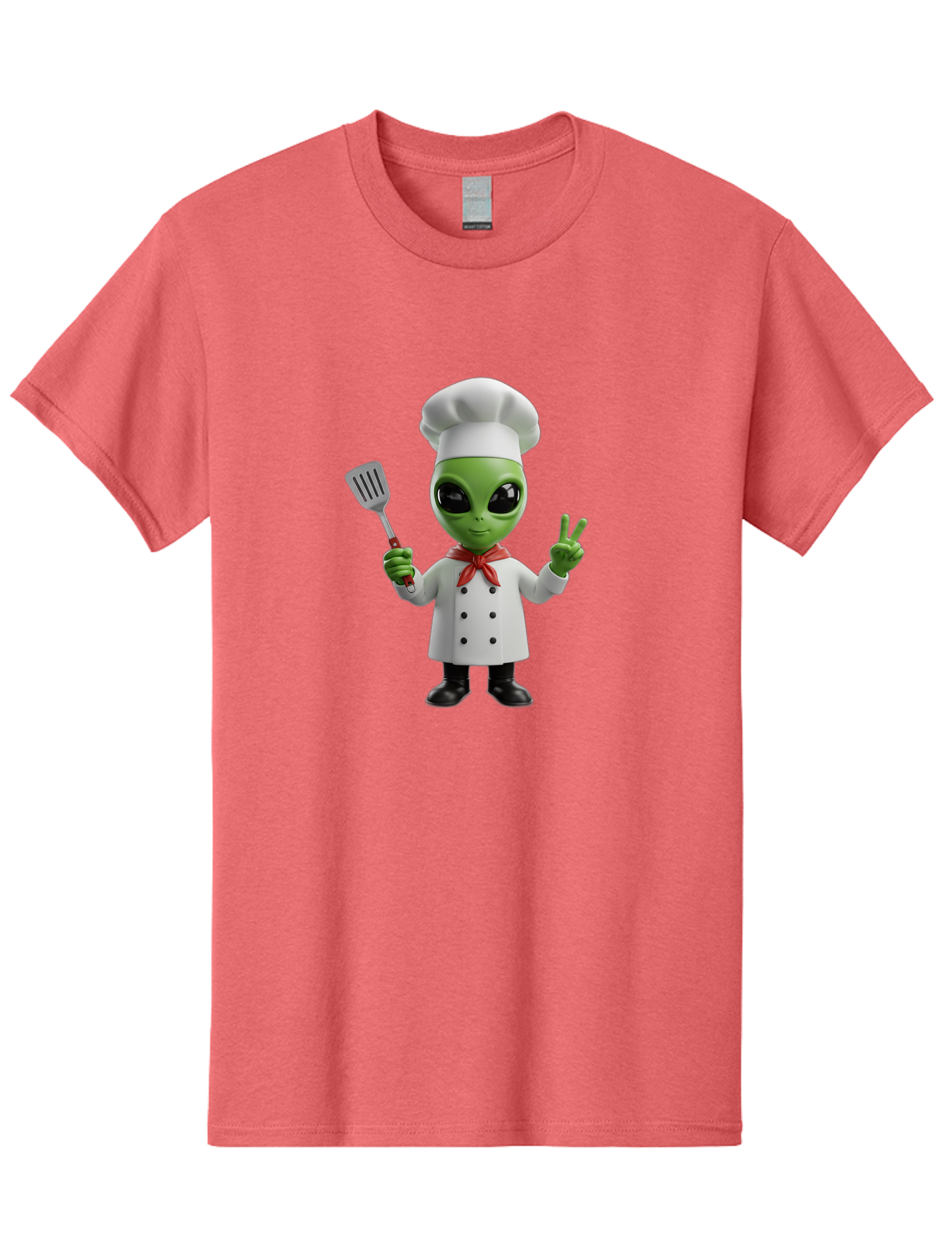 Alien-Chef Men'S Graphic Tee, 100% Cotton, Comfortable Casual Summer Wear, Machine Washable, Alien Chef, Green Alien, White Chef Coat, Red Neckerchief, Peace Sign, Spatula, 3D Cartoon Character, Funny Alien, Cooking, Kitchen Humor, Bab624 1