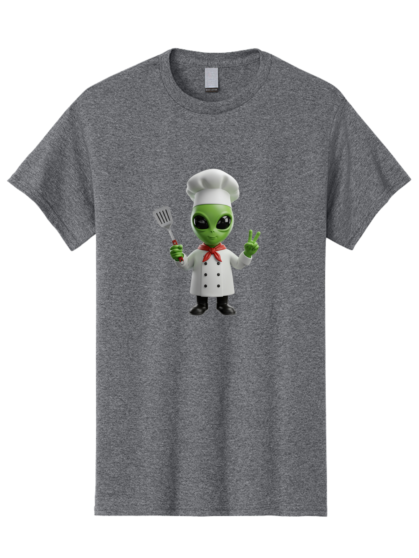 Alien-Chef Men'S Graphic Tee, 100% Cotton, Comfortable Casual Summer Wear, Machine Washable, Alien Chef, Green Alien, White Chef Coat, Red Neckerchief, Peace Sign, Spatula, 3D Cartoon Character, Funny Alien, Cooking, Kitchen Humor, Bab624 13