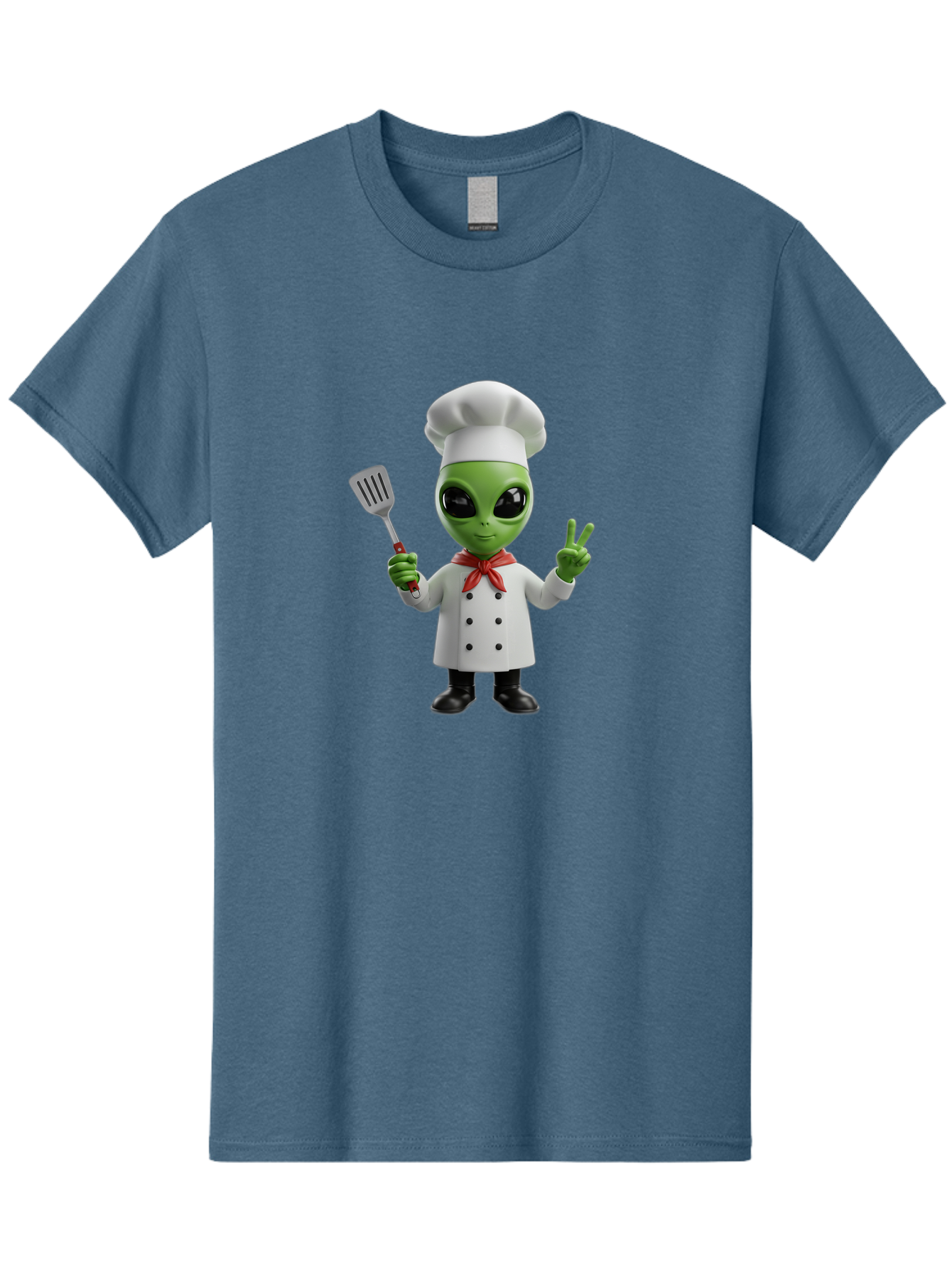 Alien-Chef Men'S Graphic Tee, 100% Cotton, Comfortable Casual Summer Wear, Machine Washable, Alien Chef, Green Alien, White Chef Coat, Red Neckerchief, Peace Sign, Spatula, 3D Cartoon Character, Funny Alien, Cooking, Kitchen Humor, Bab624 10