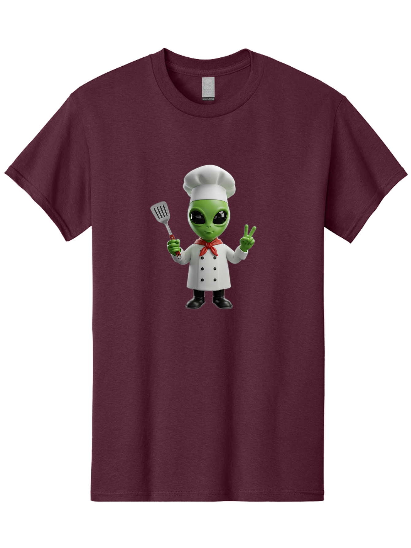 Alien-Chef Men'S Graphic Tee, 100% Cotton, Comfortable Casual Summer Wear, Machine Washable, Alien Chef, Green Alien, White Chef Coat, Red Neckerchief, Peace Sign, Spatula, 3D Cartoon Character, Funny Alien, Cooking, Kitchen Humor, Bab624 2