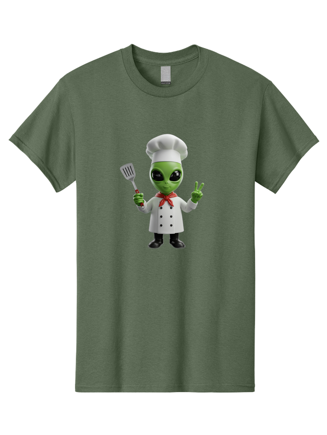 Alien-Chef Men'S Graphic Tee, 100% Cotton, Comfortable Casual Summer Wear, Machine Washable, Alien Chef, Green Alien, White Chef Coat, Red Neckerchief, Peace Sign, Spatula, 3D Cartoon Character, Funny Alien, Cooking, Kitchen Humor, Bab624 3