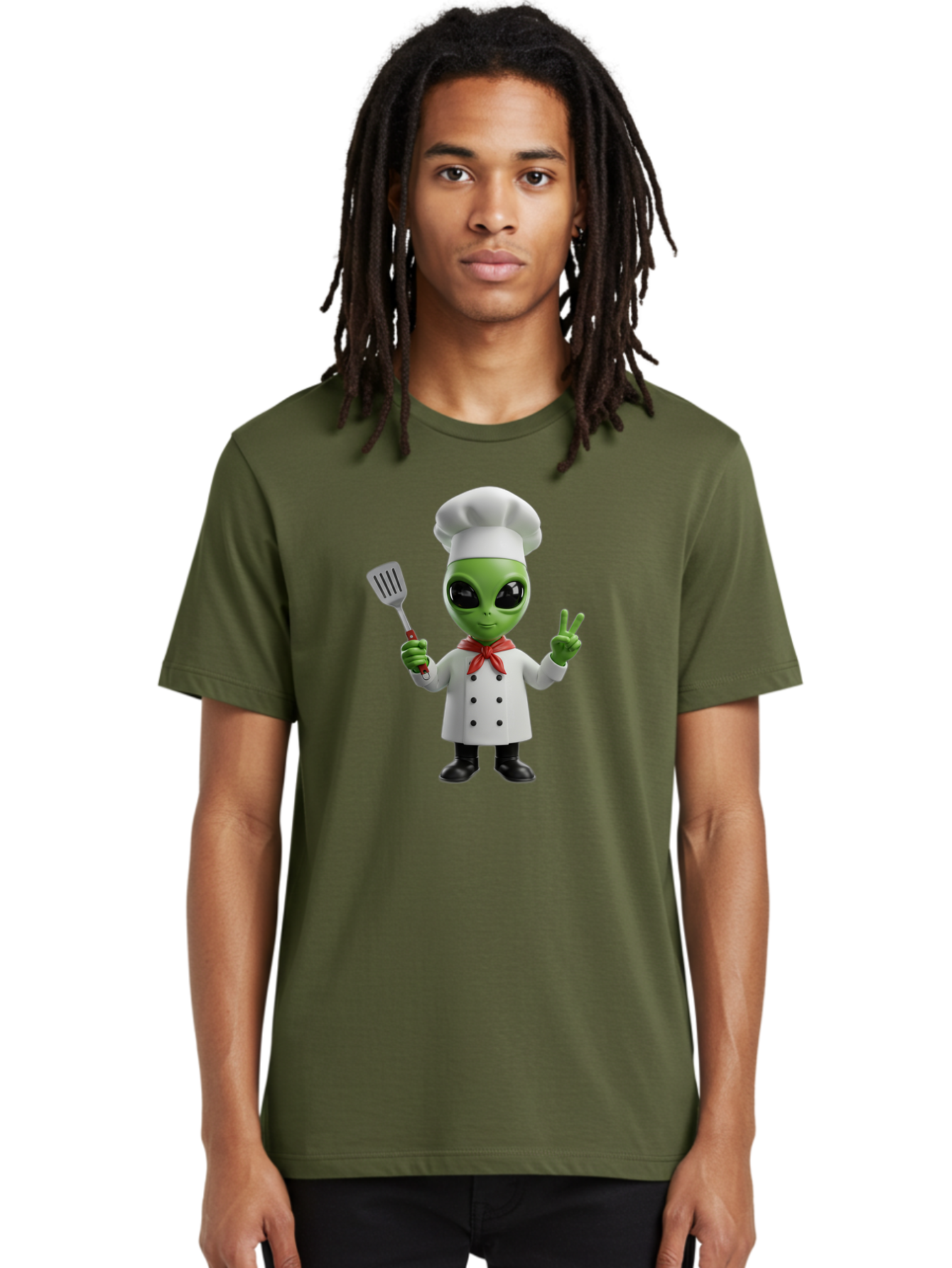 Alien-Chef Men'S Graphic Tee, 100% Cotton, Comfortable Casual Summer Wear, Machine Washable, Alien Chef, Green Alien, White Chef Coat, Red Neckerchief, Peace Sign, Spatula, 3D Cartoon Character, Funny Alien, Cooking, Kitchen Humor, Bab624 18