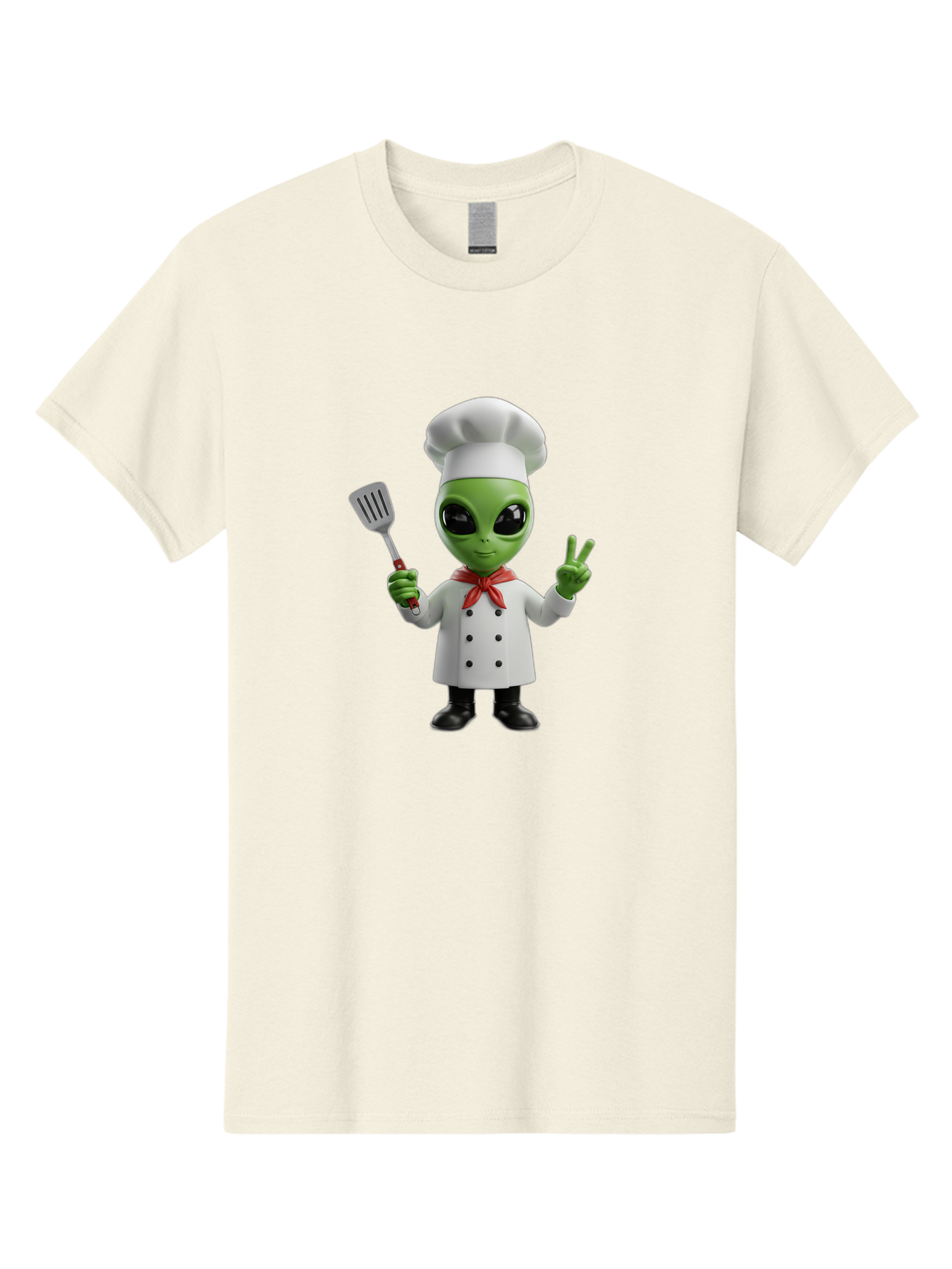 Alien-Chef Men'S Graphic Tee, 100% Cotton, Comfortable Casual Summer Wear, Machine Washable, Alien Chef, Green Alien, White Chef Coat, Red Neckerchief, Peace Sign, Spatula, 3D Cartoon Character, Funny Alien, Cooking, Kitchen Humor, Bab624 14