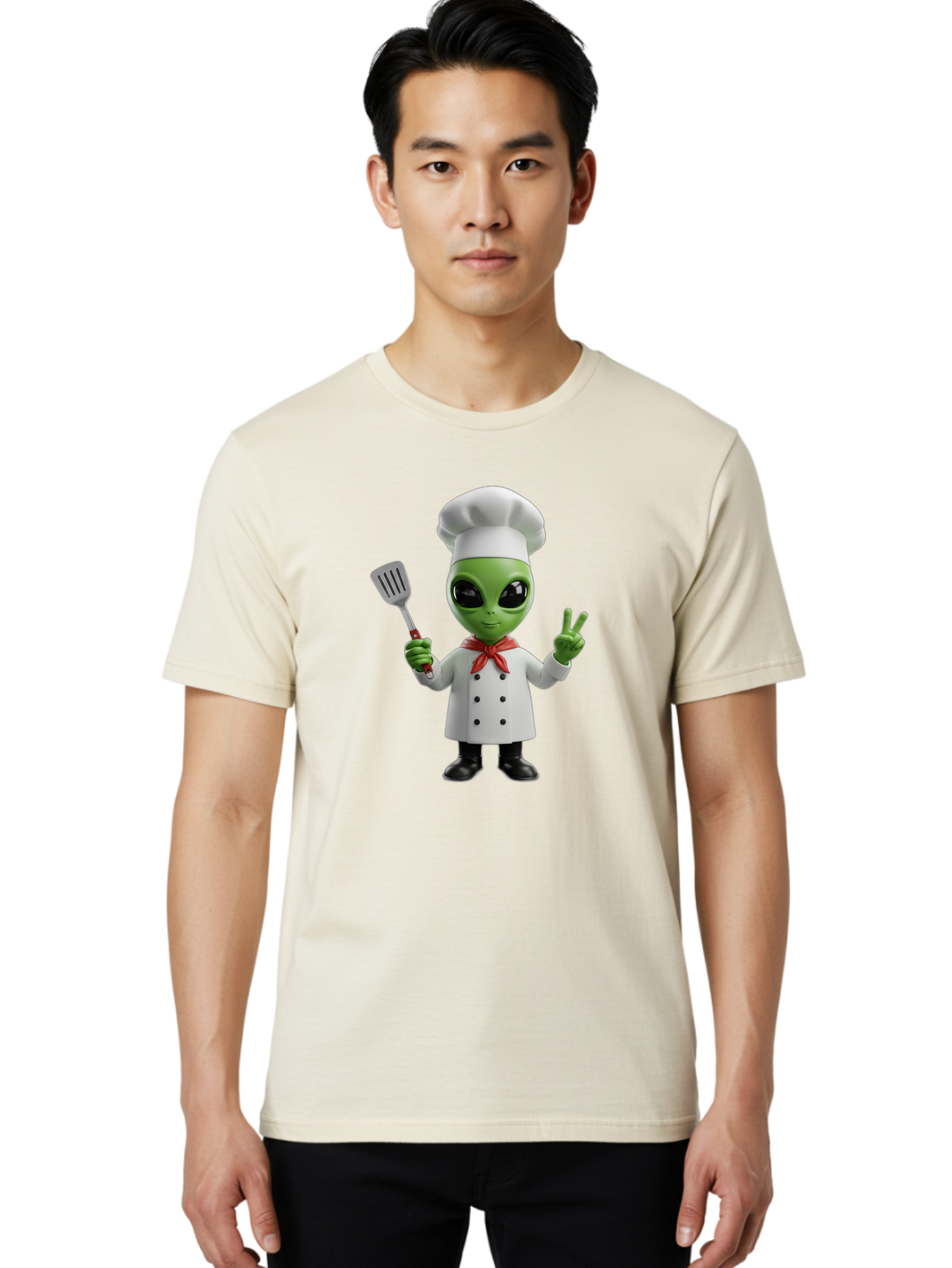 Alien-Chef Men'S Graphic Tee, 100% Cotton, Comfortable Casual Summer Wear, Machine Washable, Alien Chef, Green Alien, White Chef Coat, Red Neckerchief, Peace Sign, Spatula, 3D Cartoon Character, Funny Alien, Cooking, Kitchen Humor, Bab624 29