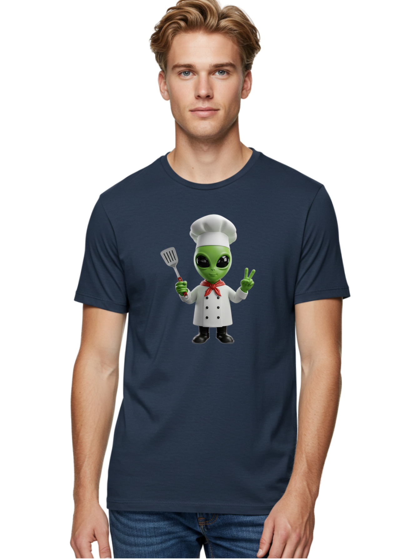 Alien-Chef Men'S Graphic Tee, 100% Cotton, Comfortable Casual Summer Wear, Machine Washable, Alien Chef, Green Alien, White Chef Coat, Red Neckerchief, Peace Sign, Spatula, 3D Cartoon Character, Funny Alien, Cooking, Kitchen Humor, Bab624 20