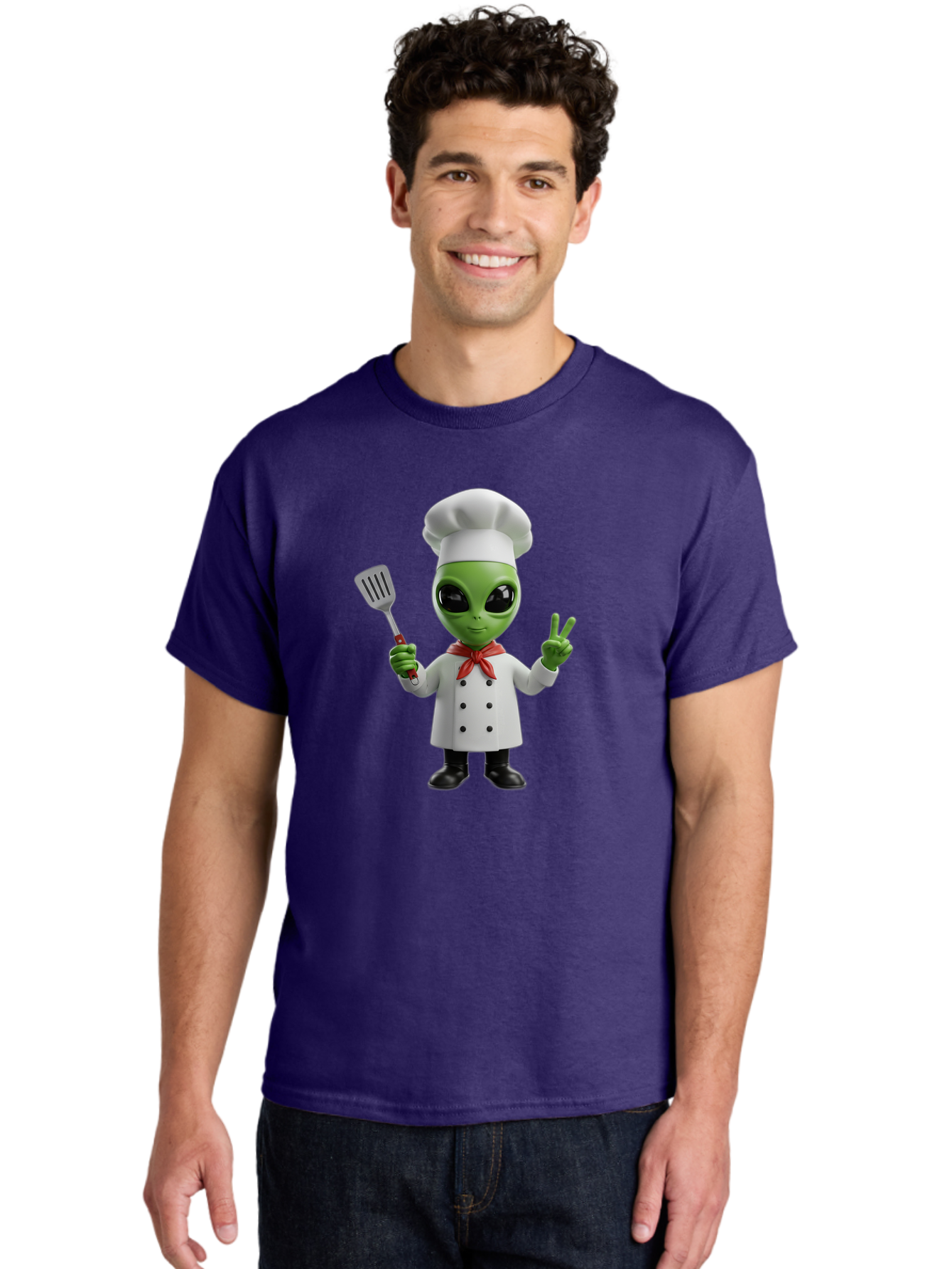 Alien-Chef Men'S Graphic Tee, 100% Cotton, Comfortable Casual Summer Wear, Machine Washable, Alien Chef, Green Alien, White Chef Coat, Red Neckerchief, Peace Sign, Spatula, 3D Cartoon Character, Funny Alien, Cooking, Kitchen Humor, Bab624 22