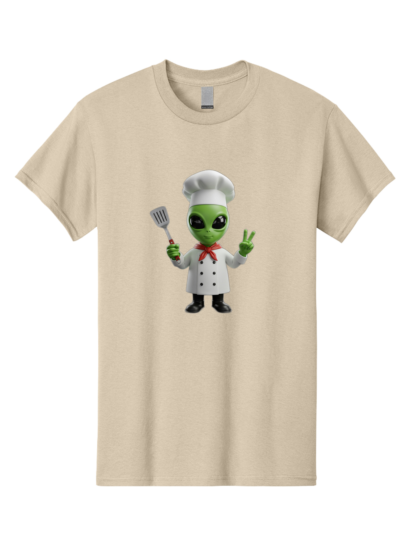 Alien-Chef Men'S Graphic Tee, 100% Cotton, Comfortable Casual Summer Wear, Machine Washable, Alien Chef, Green Alien, White Chef Coat, Red Neckerchief, Peace Sign, Spatula, 3D Cartoon Character, Funny Alien, Cooking, Kitchen Humor, Bab624 8