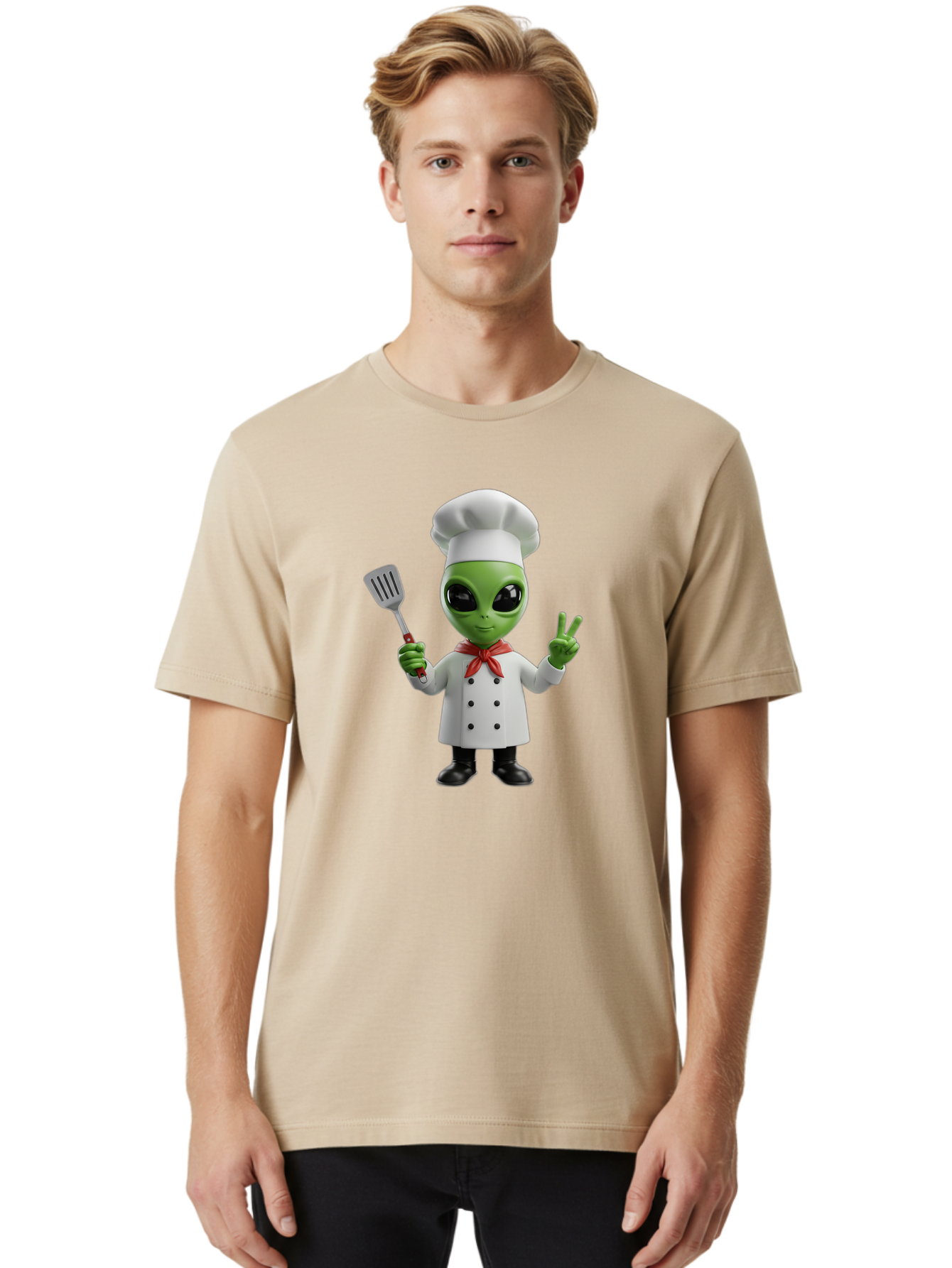 Alien-Chef Men'S Graphic Tee, 100% Cotton, Comfortable Casual Summer Wear, Machine Washable, Alien Chef, Green Alien, White Chef Coat, Red Neckerchief, Peace Sign, Spatula, 3D Cartoon Character, Funny Alien, Cooking, Kitchen Humor, Bab624 23