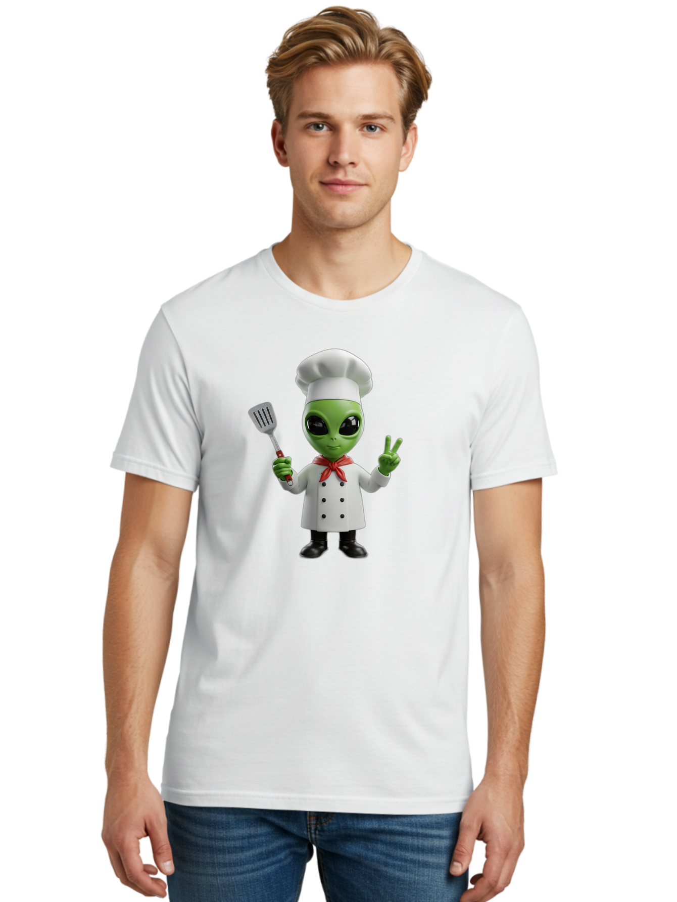 Alien-Chef Men'S Graphic Tee, 100% Cotton, Comfortable Casual Summer Wear, Machine Washable, Alien Chef, Green Alien, White Chef Coat, Red Neckerchief, Peace Sign, Spatula, 3D Cartoon Character, Funny Alien, Cooking, Kitchen Humor, Bab624 19