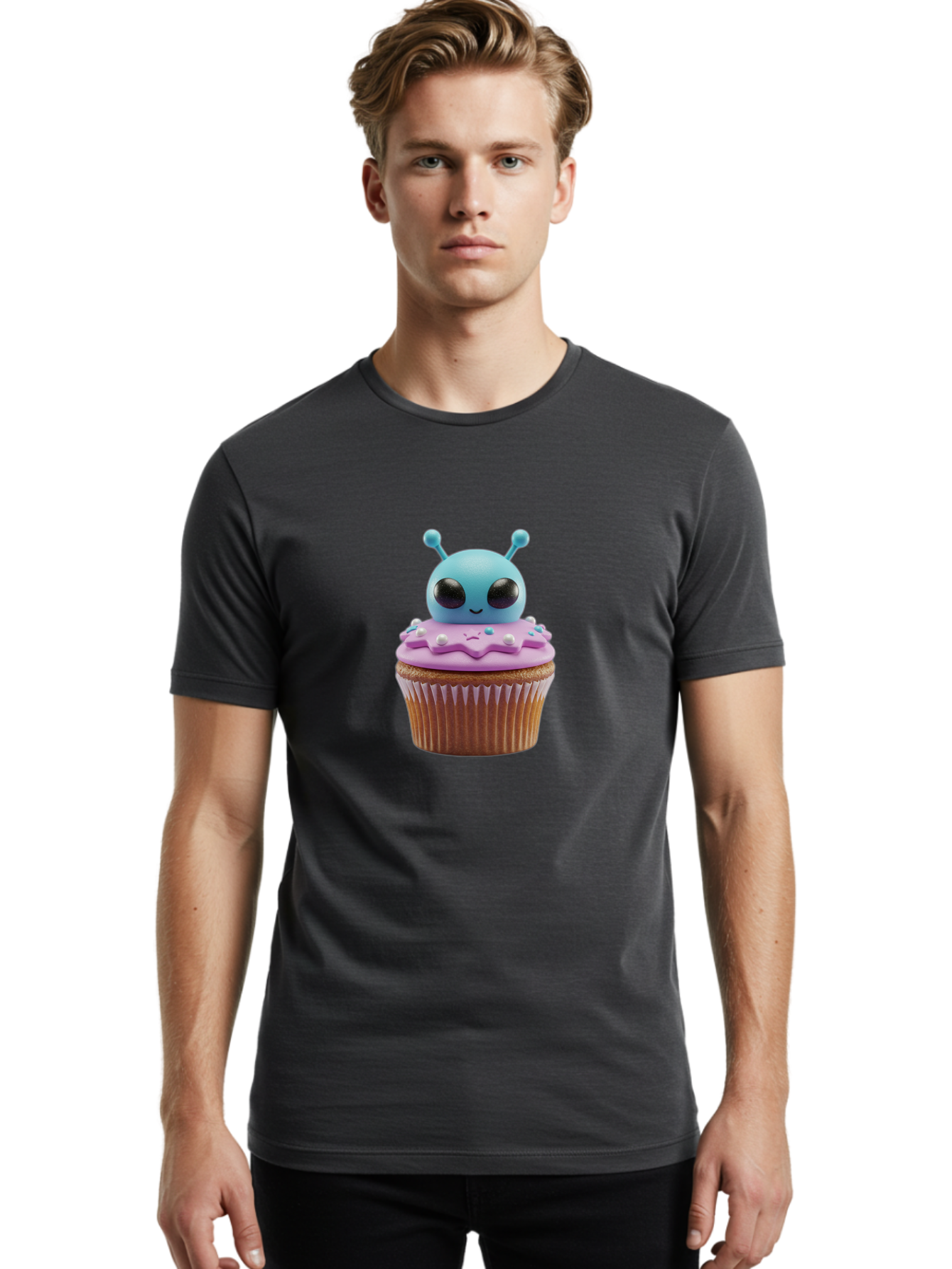 Alien-Cupcake Men'S Graphic Tee, 100% Cotton, Comfortable Casual Summer Wear, Machine Washable, Blue Alien On Top Of Cupcake, Pastel Colors, Whimsical Design, Sweet Treats, Fondant Decoration, Colorful Sprinkles, Dessert Art, Creative Baking Bab625 22