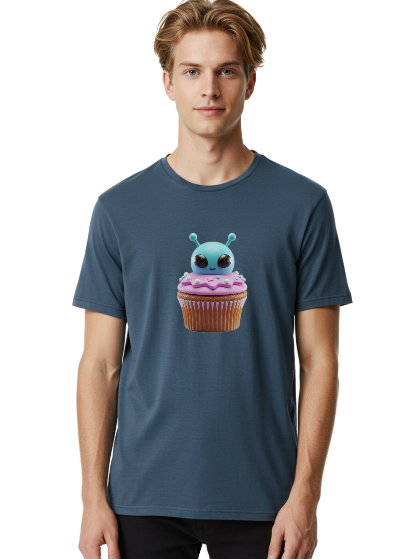 Alien-Cupcake Men'S Graphic Tee, 100% Cotton, Comfortable Casual Summer Wear, Machine Washable, Blue Alien On Top Of Cupcake, Pastel Colors, Whimsical Design, Sweet Treats, Fondant Decoration, Colorful Sprinkles, Dessert Art, Creative Baking Bab625 24