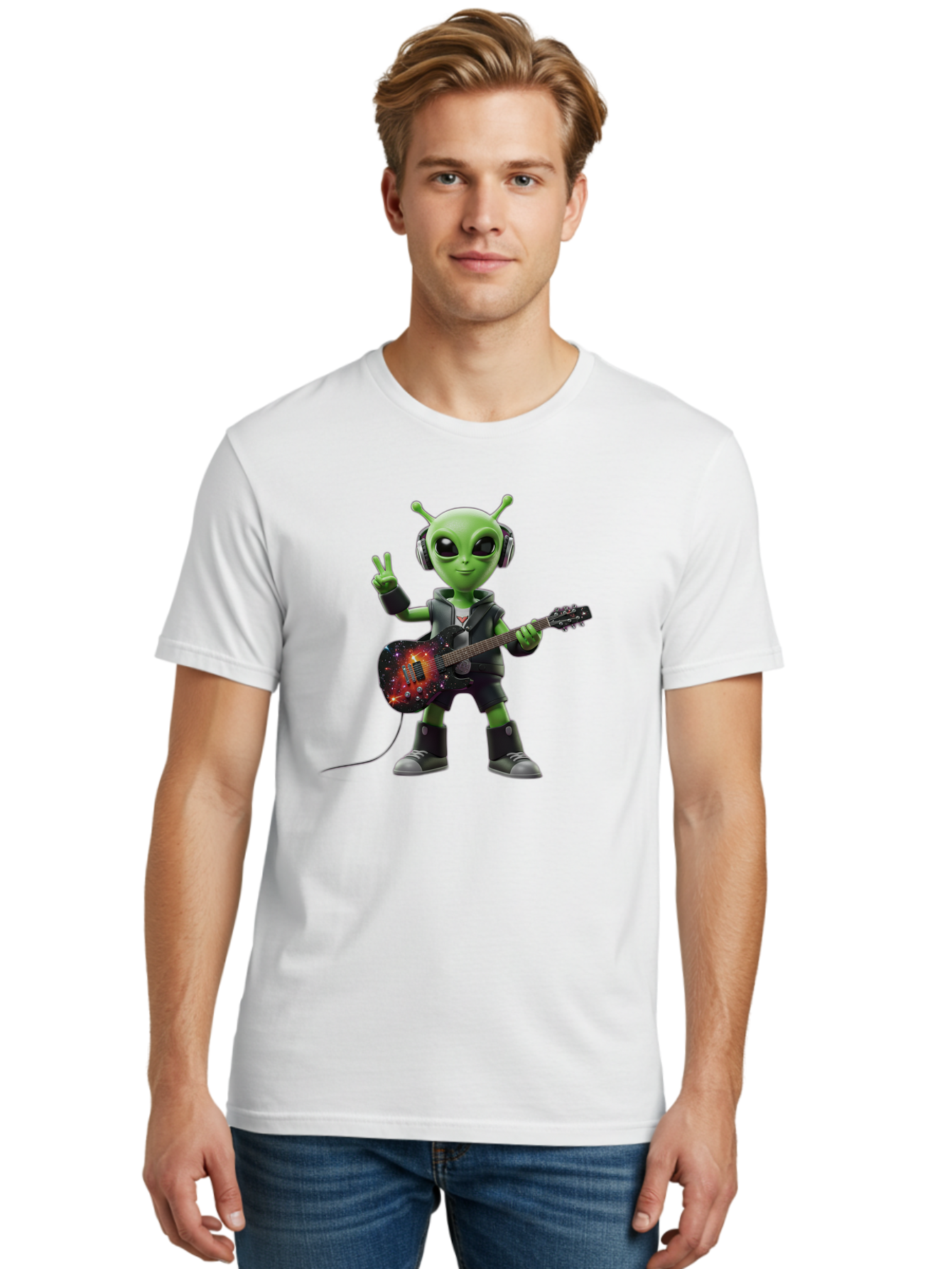 Alien-Guitarist Men'S Graphic Tee, 100% Cotton, Comfortable Casual Summer Wear, Machine Washable, Alien Playing Electric Guitar, Wearing Headphones, Peace Sign Hand Gesture, Galaxy Print Guitar, Rockstar Alien, Futuristic Music, Bab626 26