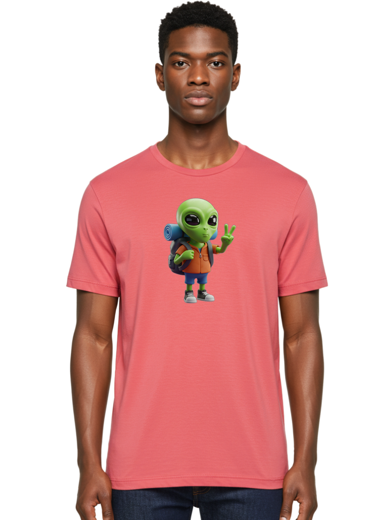 Alien-Hiker Men'S Graphic Tee, 100% Cotton, Comfortable Casual Summer Wear, Machine Washable, Cartoon Alien, Hiking Gear, Peace Sign, Relaxed Pose, 3D Illustration, Casual Clothing, Outdoor Enthusiast, Pop Culture Icon, Fun Design, Bab627 30