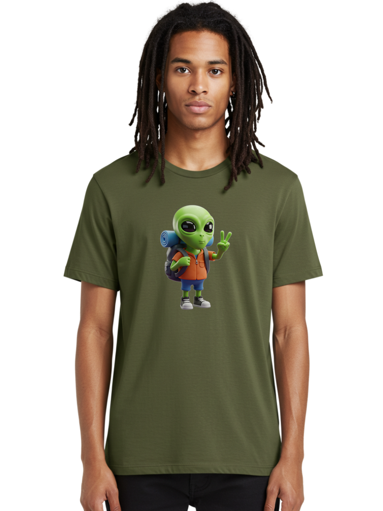 Alien-Hiker Men'S Graphic Tee, 100% Cotton, Comfortable Casual Summer Wear, Machine Washable, Cartoon Alien, Hiking Gear, Peace Sign, Relaxed Pose, 3D Illustration, Casual Clothing, Outdoor Enthusiast, Pop Culture Icon, Fun Design, Bab627 18
