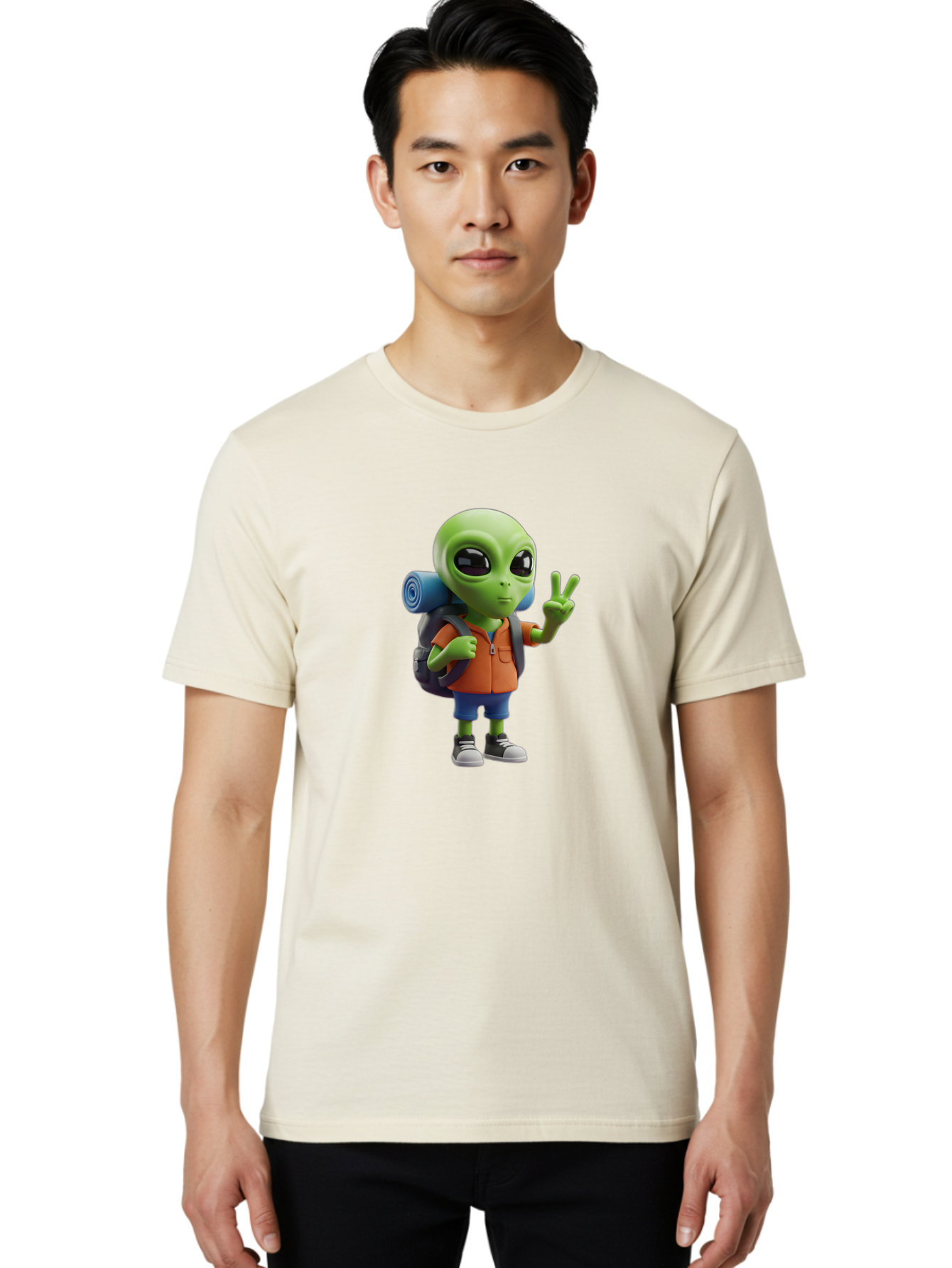 Alien-Hiker Men'S Graphic Tee, 100% Cotton, Comfortable Casual Summer Wear, Machine Washable, Cartoon Alien, Hiking Gear, Peace Sign, Relaxed Pose, 3D Illustration, Casual Clothing, Outdoor Enthusiast, Pop Culture Icon, Fun Design, Bab627 17
