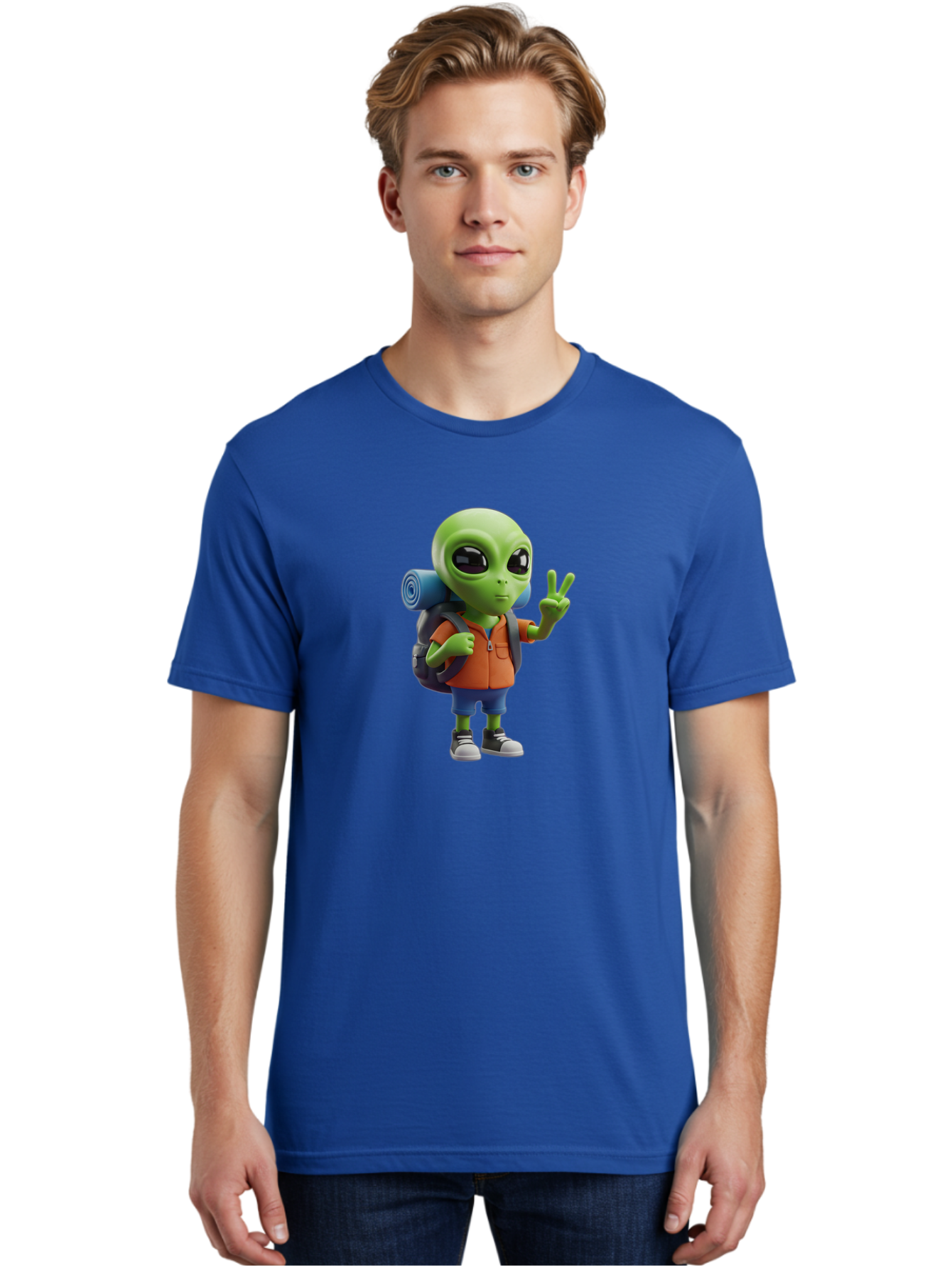 Alien-Hiker Men'S Graphic Tee, 100% Cotton, Comfortable Casual Summer Wear, Machine Washable, Cartoon Alien, Hiking Gear, Peace Sign, Relaxed Pose, 3D Illustration, Casual Clothing, Outdoor Enthusiast, Pop Culture Icon, Fun Design, Bab627 24