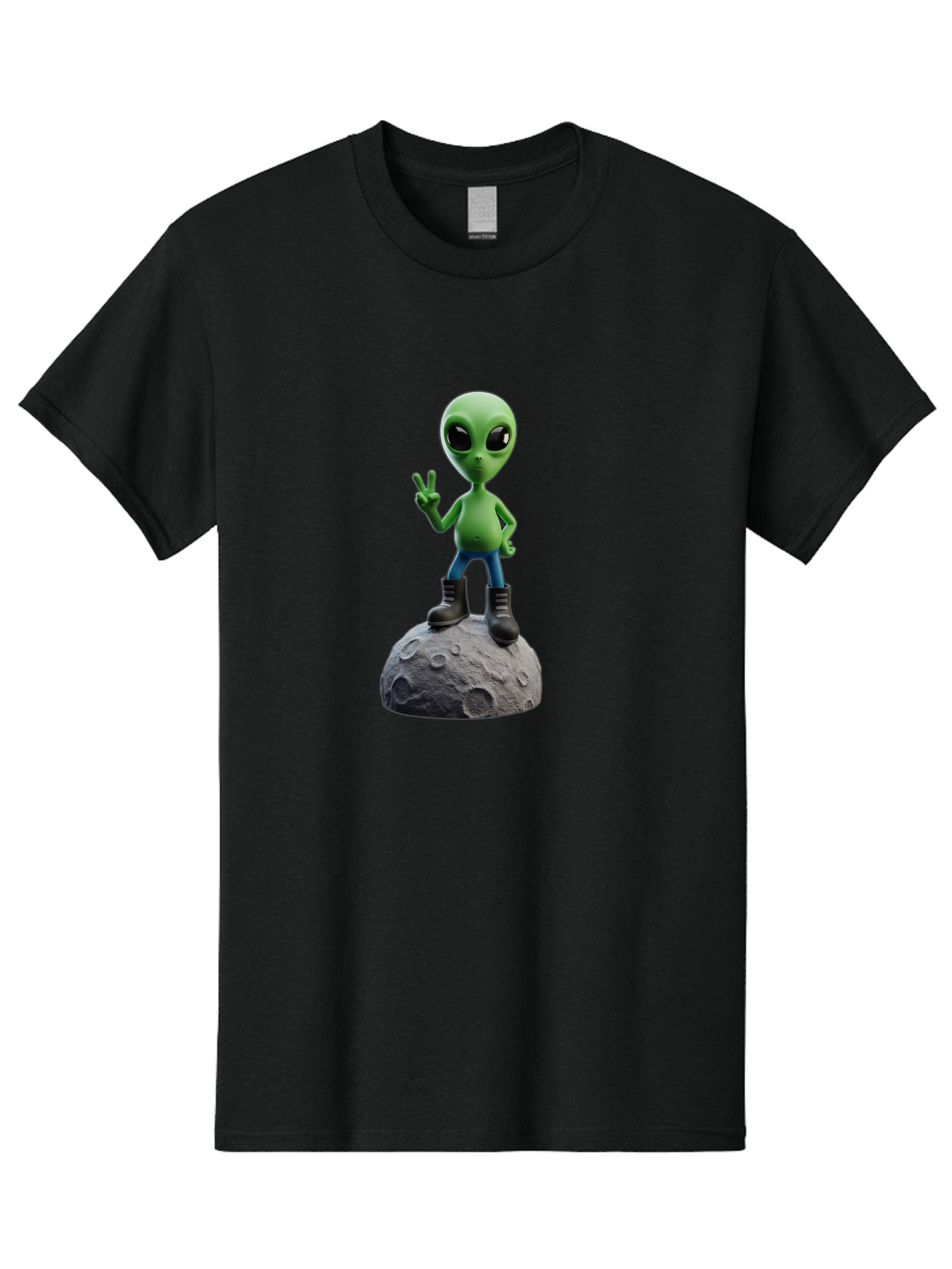 Alien-On-Moon Men'S Graphic Tee, 100% Cotton, Comfortable Casual Summer Wear, Machine Washable, 3D Cartoon Alien, Peace Sign, Moon Surface, Craters, Futuristic, Extraterrestrial Life, Space, Blue Jeans, Black Boots, Quirky, Fun, Playful, Bab628 14