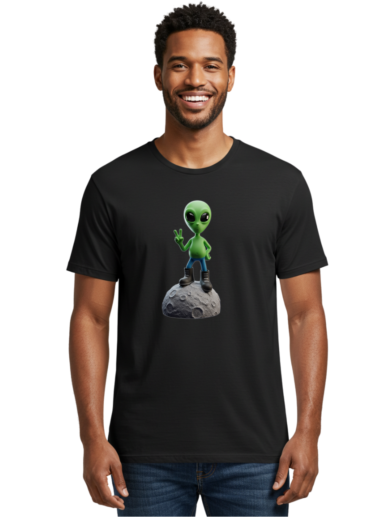 Alien-On-Moon Men'S Graphic Tee, 100% Cotton, Comfortable Casual Summer Wear, Machine Washable, 3D Cartoon Alien, Peace Sign, Moon Surface, Craters, Futuristic, Extraterrestrial Life, Space, Blue Jeans, Black Boots, Quirky, Fun, Playful, Bab628 29