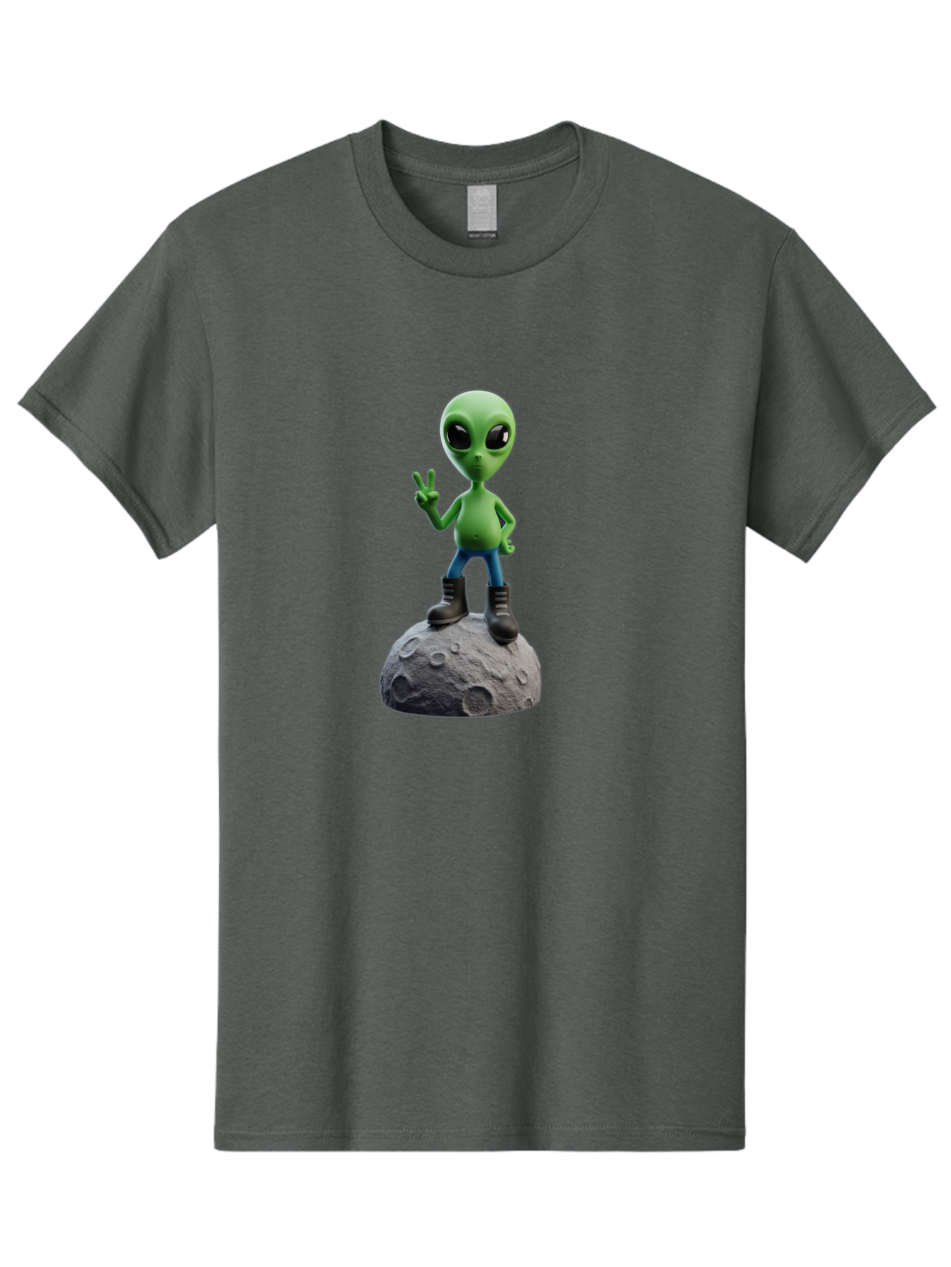 Alien-On-Moon Men'S Graphic Tee, 100% Cotton, Comfortable Casual Summer Wear, Machine Washable, 3D Cartoon Alien, Peace Sign, Moon Surface, Craters, Futuristic, Extraterrestrial Life, Space, Blue Jeans, Black Boots, Quirky, Fun, Playful, Bab628 6