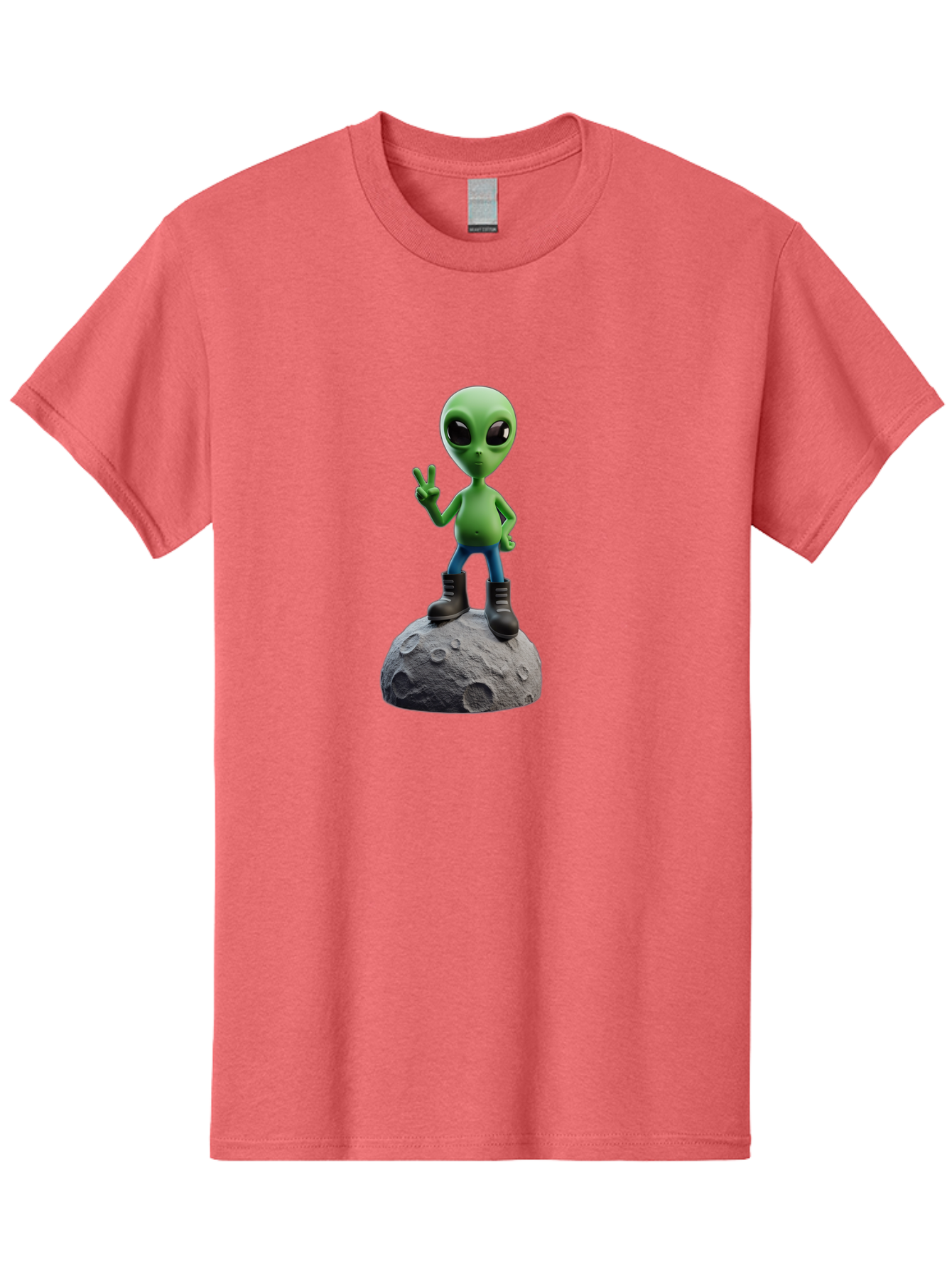 Alien-On-Moon Men'S Graphic Tee, 100% Cotton, Comfortable Casual Summer Wear, Machine Washable, 3D Cartoon Alien, Peace Sign, Moon Surface, Craters, Futuristic, Extraterrestrial Life, Space, Blue Jeans, Black Boots, Quirky, Fun, Playful, Bab628 4
