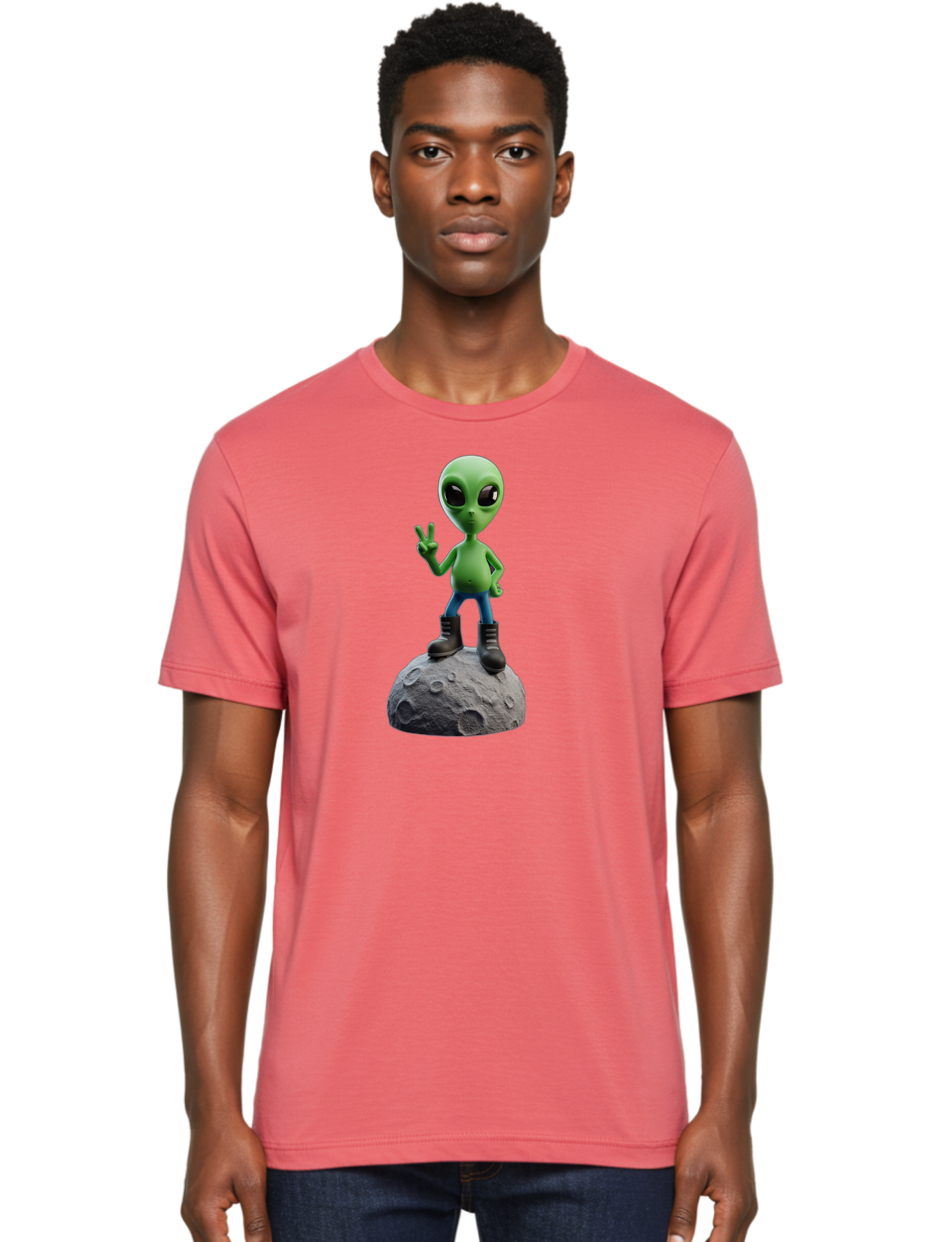 Alien-On-Moon Men'S Graphic Tee, 100% Cotton, Comfortable Casual Summer Wear, Machine Washable, 3D Cartoon Alien, Peace Sign, Moon Surface, Craters, Futuristic, Extraterrestrial Life, Space, Blue Jeans, Black Boots, Quirky, Fun, Playful, Bab628 19