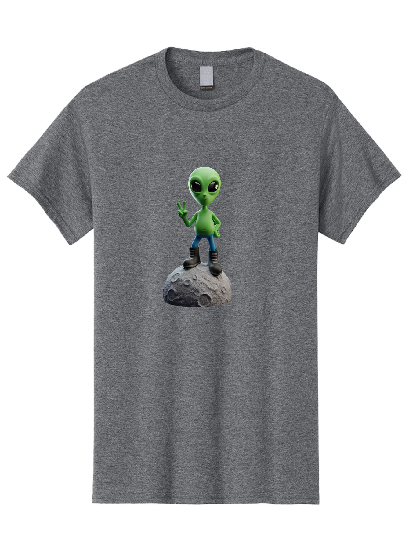 Alien-On-Moon Men'S Graphic Tee, 100% Cotton, Comfortable Casual Summer Wear, Machine Washable, 3D Cartoon Alien, Peace Sign, Moon Surface, Craters, Futuristic, Extraterrestrial Life, Space, Blue Jeans, Black Boots, Quirky, Fun, Playful, Bab628 15