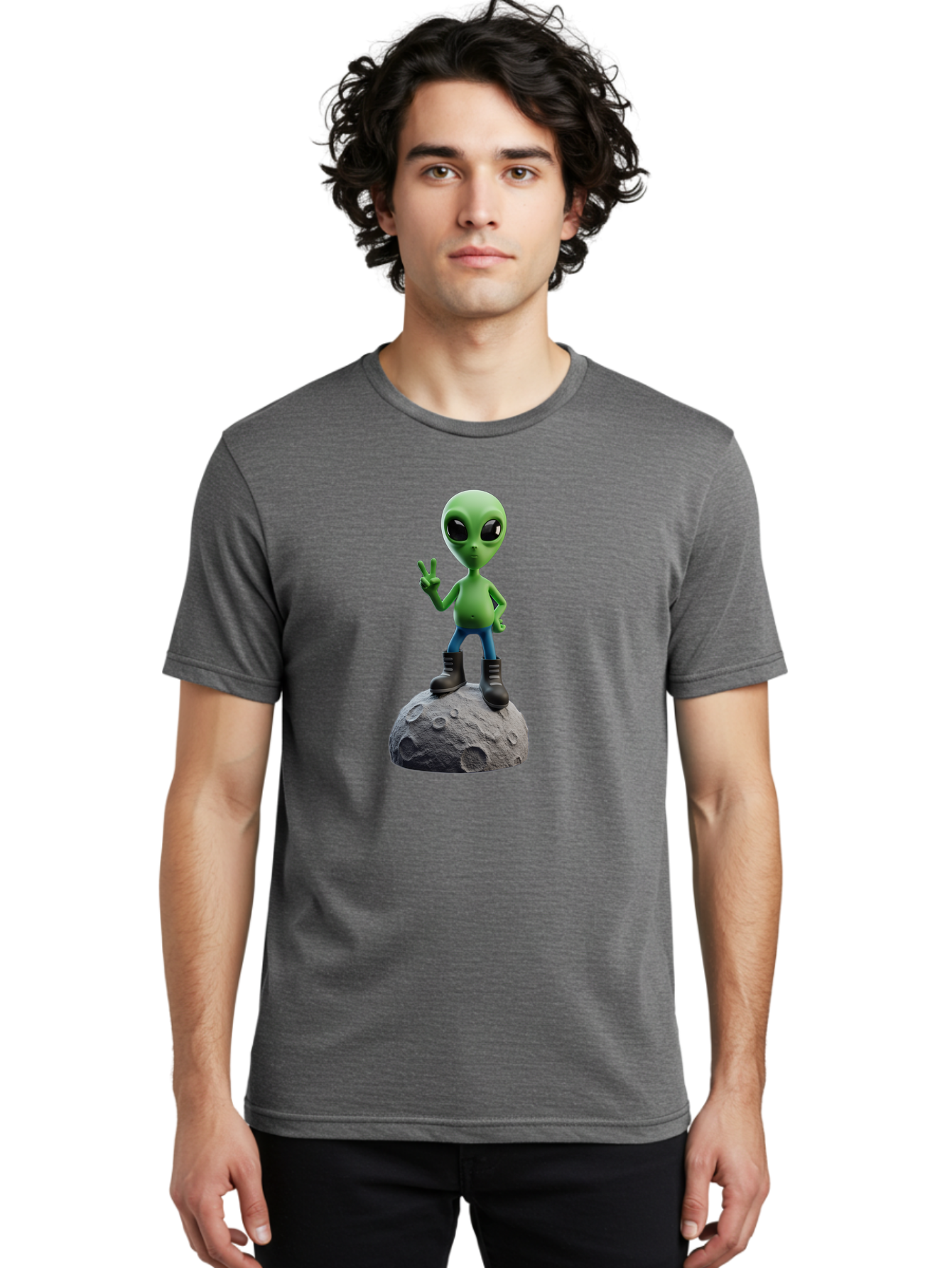 Alien-On-Moon Men'S Graphic Tee, 100% Cotton, Comfortable Casual Summer Wear, Machine Washable, 3D Cartoon Alien, Peace Sign, Moon Surface, Craters, Futuristic, Extraterrestrial Life, Space, Blue Jeans, Black Boots, Quirky, Fun, Playful, Bab628 30