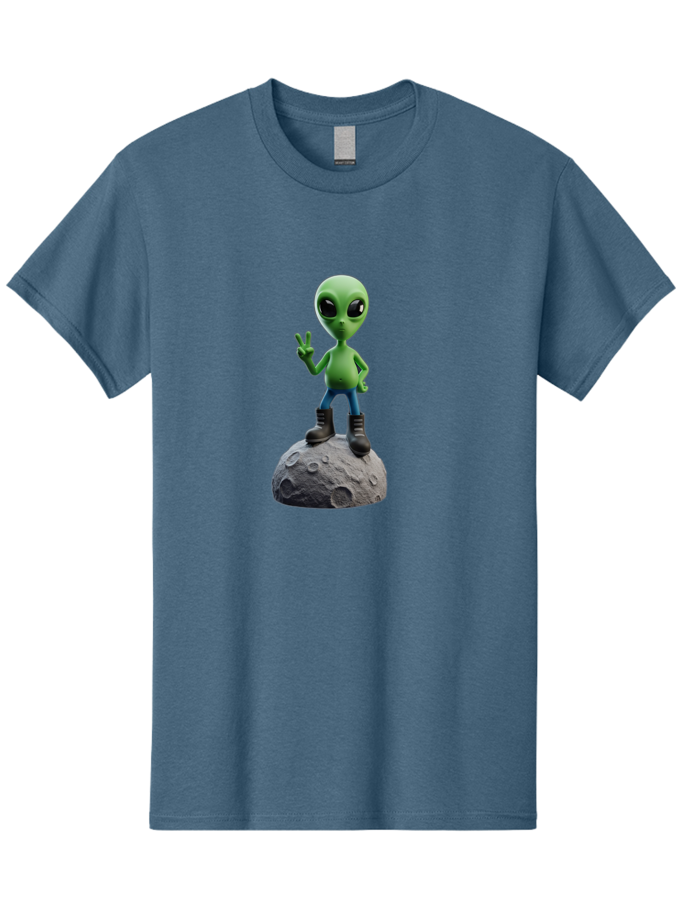 Alien-On-Moon Men'S Graphic Tee, 100% Cotton, Comfortable Casual Summer Wear, Machine Washable, 3D Cartoon Alien, Peace Sign, Moon Surface, Craters, Futuristic, Extraterrestrial Life, Space, Blue Jeans, Black Boots, Quirky, Fun, Playful, Bab628 13