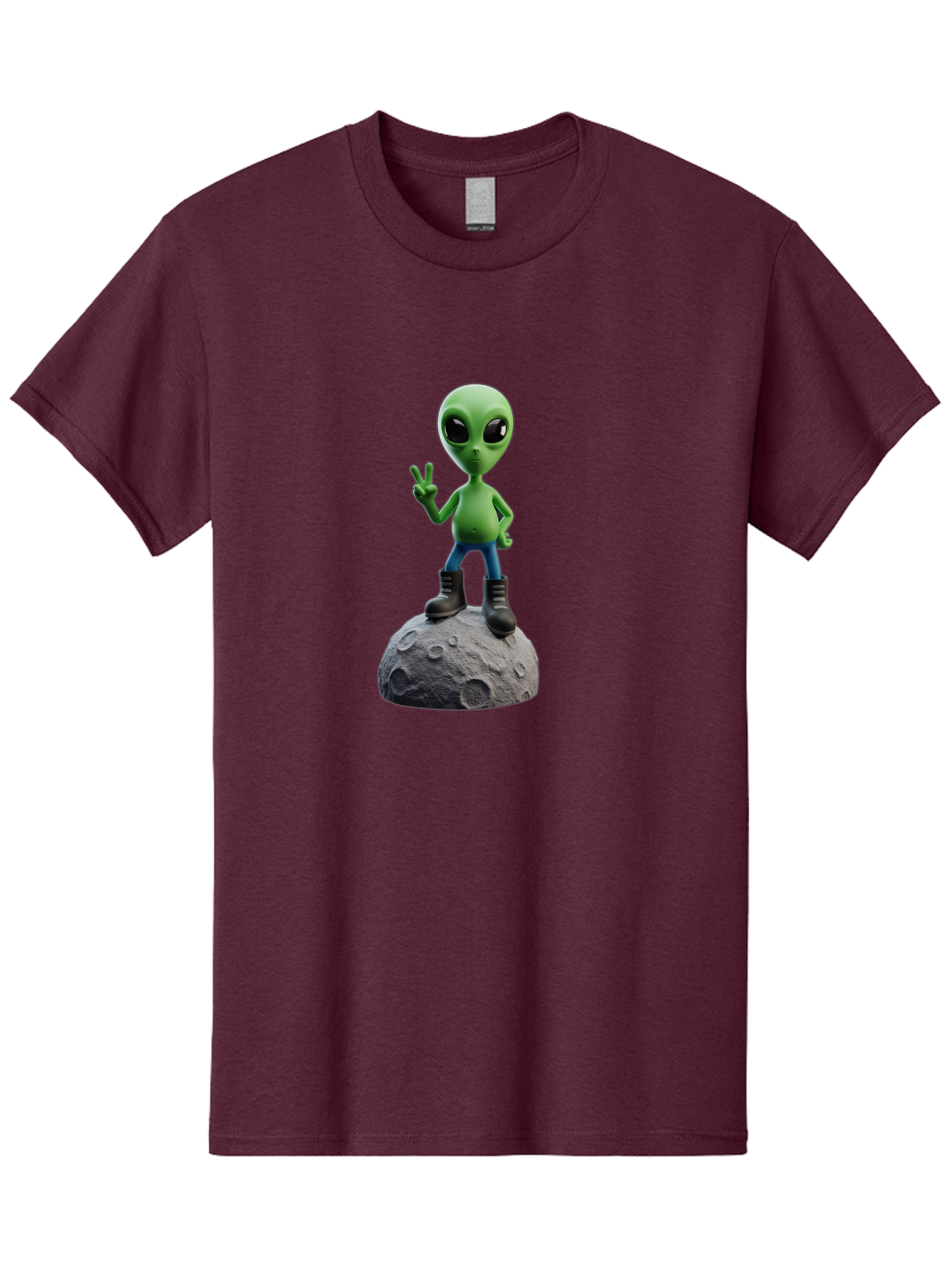 Alien-On-Moon Men'S Graphic Tee, 100% Cotton, Comfortable Casual Summer Wear, Machine Washable, 3D Cartoon Alien, Peace Sign, Moon Surface, Craters, Futuristic, Extraterrestrial Life, Space, Blue Jeans, Black Boots, Quirky, Fun, Playful, Bab628 7