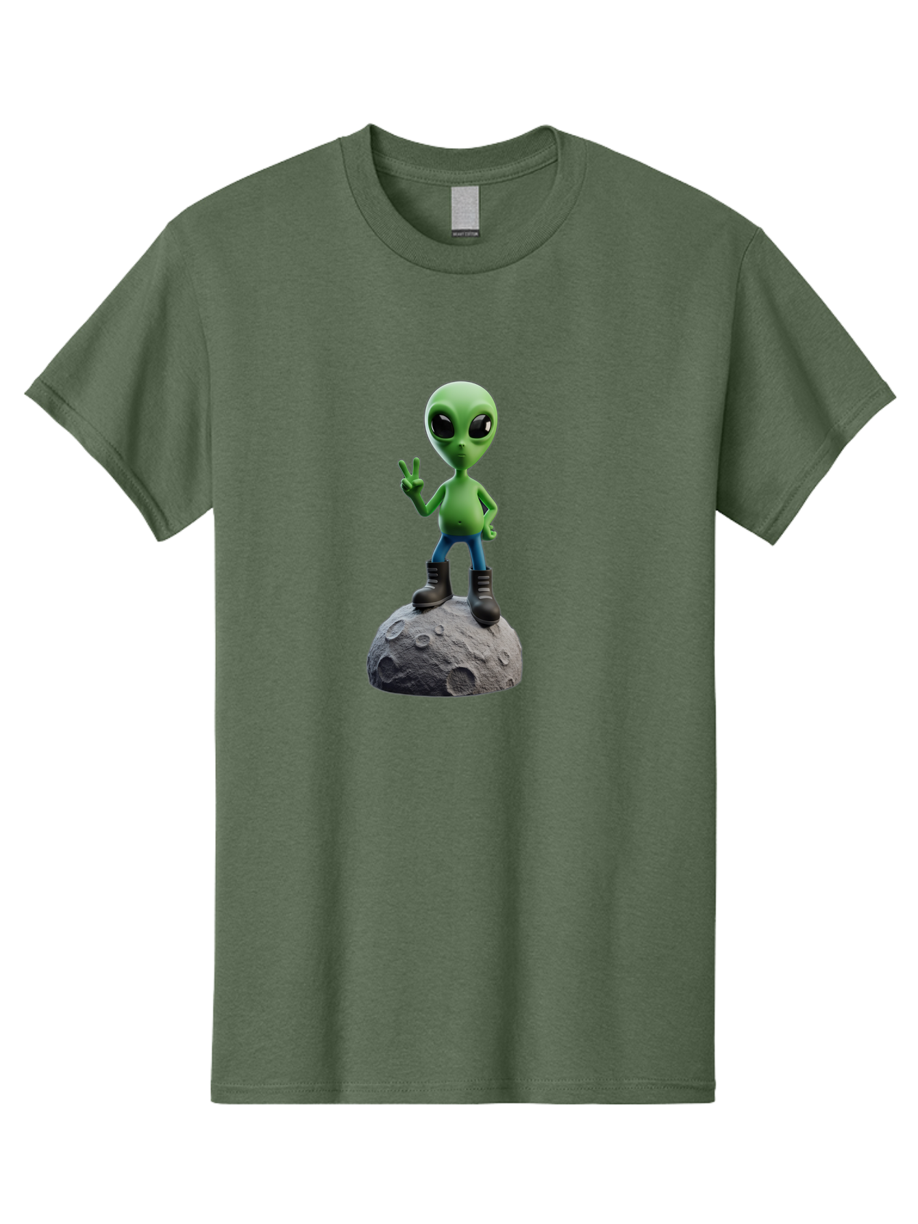 Alien-On-Moon Men'S Graphic Tee, 100% Cotton, Comfortable Casual Summer Wear, Machine Washable, 3D Cartoon Alien, Peace Sign, Moon Surface, Craters, Futuristic, Extraterrestrial Life, Space, Blue Jeans, Black Boots, Quirky, Fun, Playful, Bab628 10