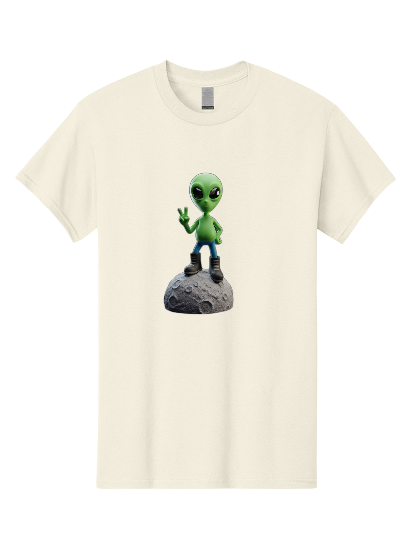 Alien-On-Moon Men'S Graphic Tee, 100% Cotton, Comfortable Casual Summer Wear, Machine Washable, 3D Cartoon Alien, Peace Sign, Moon Surface, Craters, Futuristic, Extraterrestrial Life, Space, Blue Jeans, Black Boots, Quirky, Fun, Playful, Bab628 11