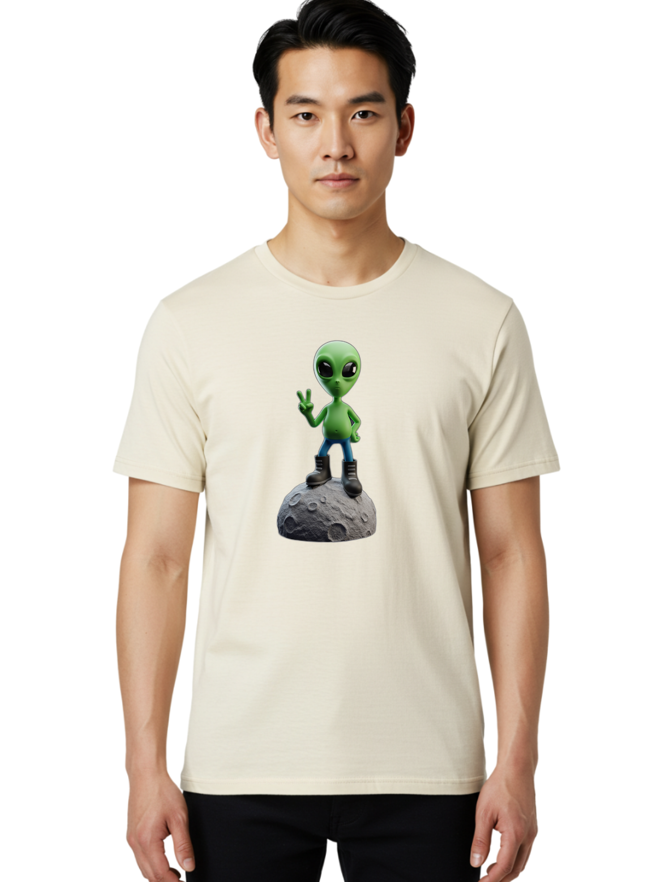 Alien-On-Moon Men'S Graphic Tee, 100% Cotton, Comfortable Casual Summer Wear, Machine Washable, 3D Cartoon Alien, Peace Sign, Moon Surface, Craters, Futuristic, Extraterrestrial Life, Space, Blue Jeans, Black Boots, Quirky, Fun, Playful, Bab628 26